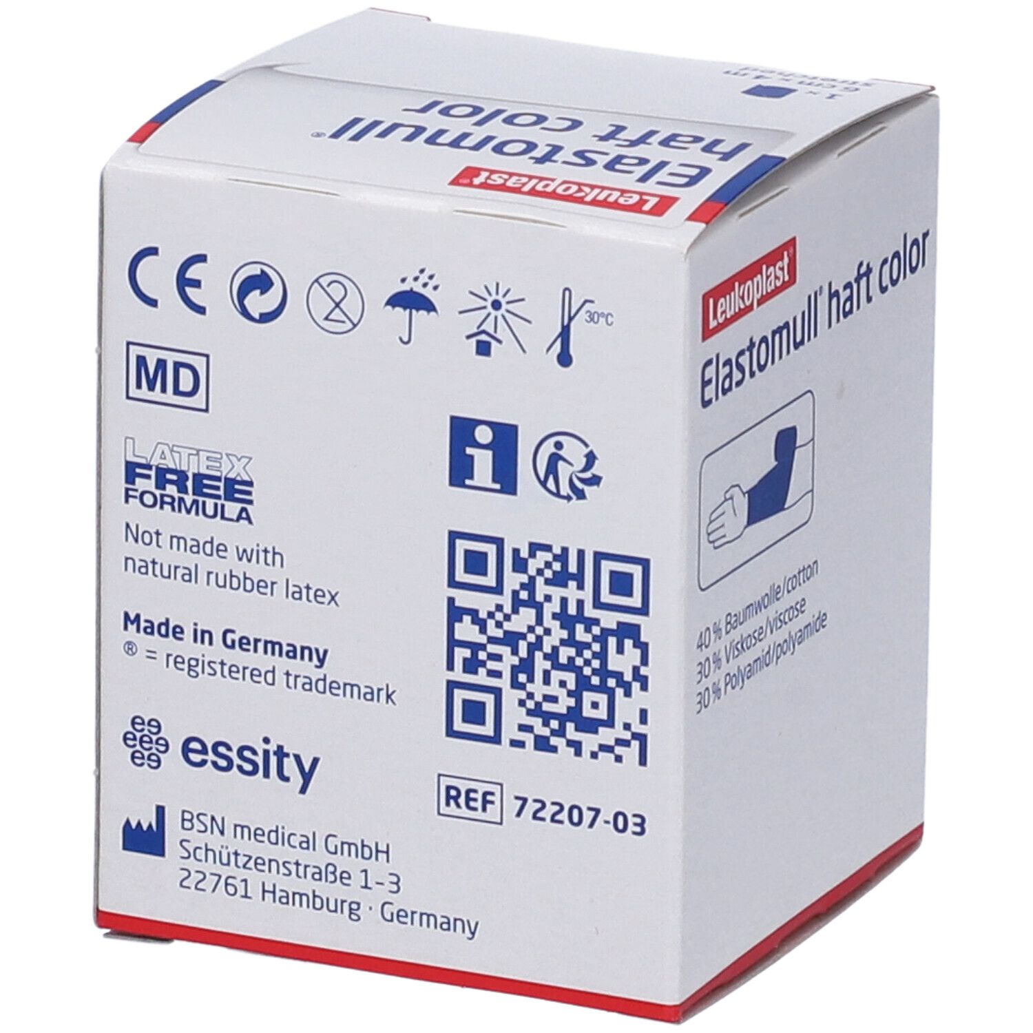 Retro della confezione Elastomull® Haft Color. Contiene informazioni, loghi, codice QR e indirizzo del produttore. Senza lattice.