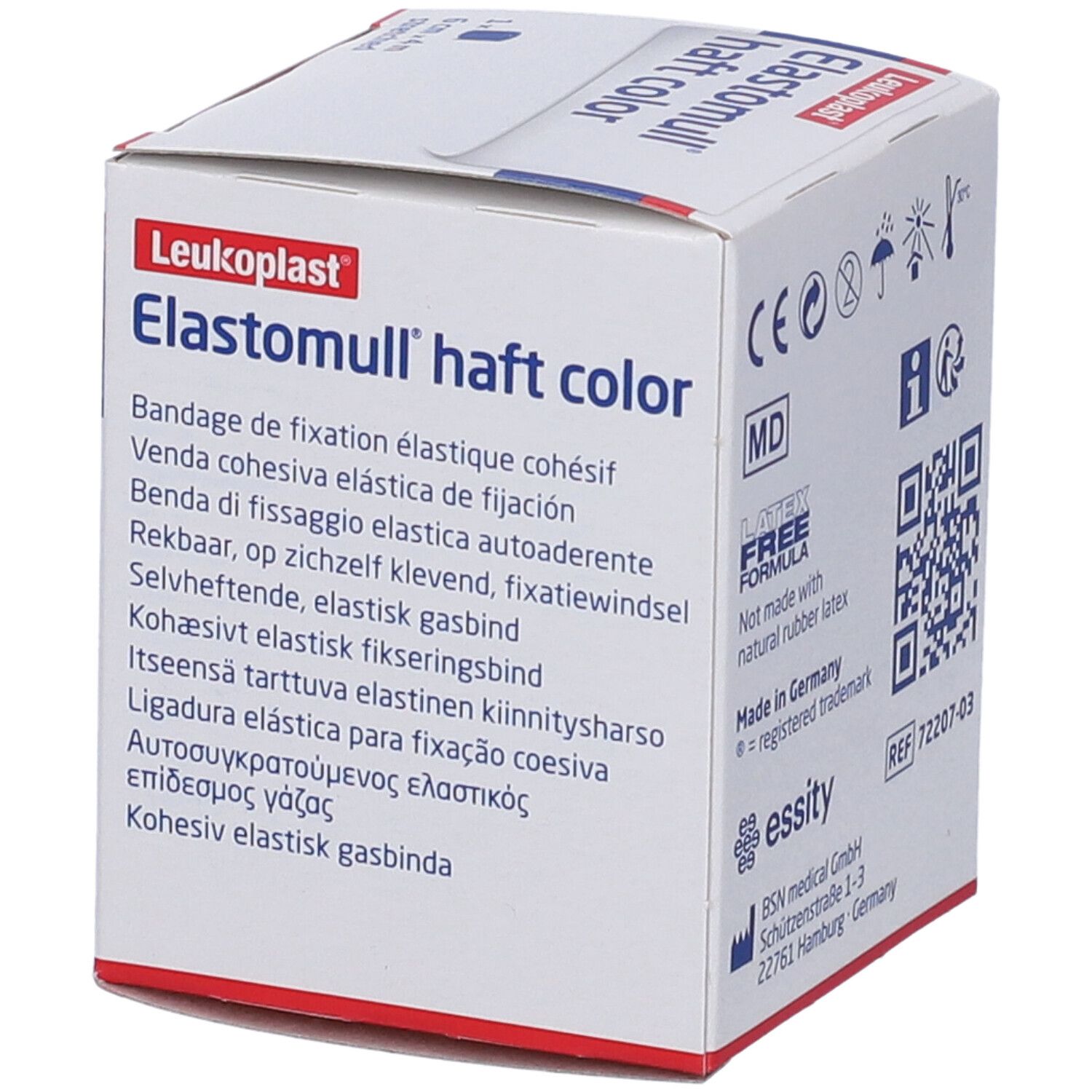 Retro della confezione Elastomull® Haft Color. Contiene informazioni, loghi, codice QR e indirizzo del produttore. Senza lattice.