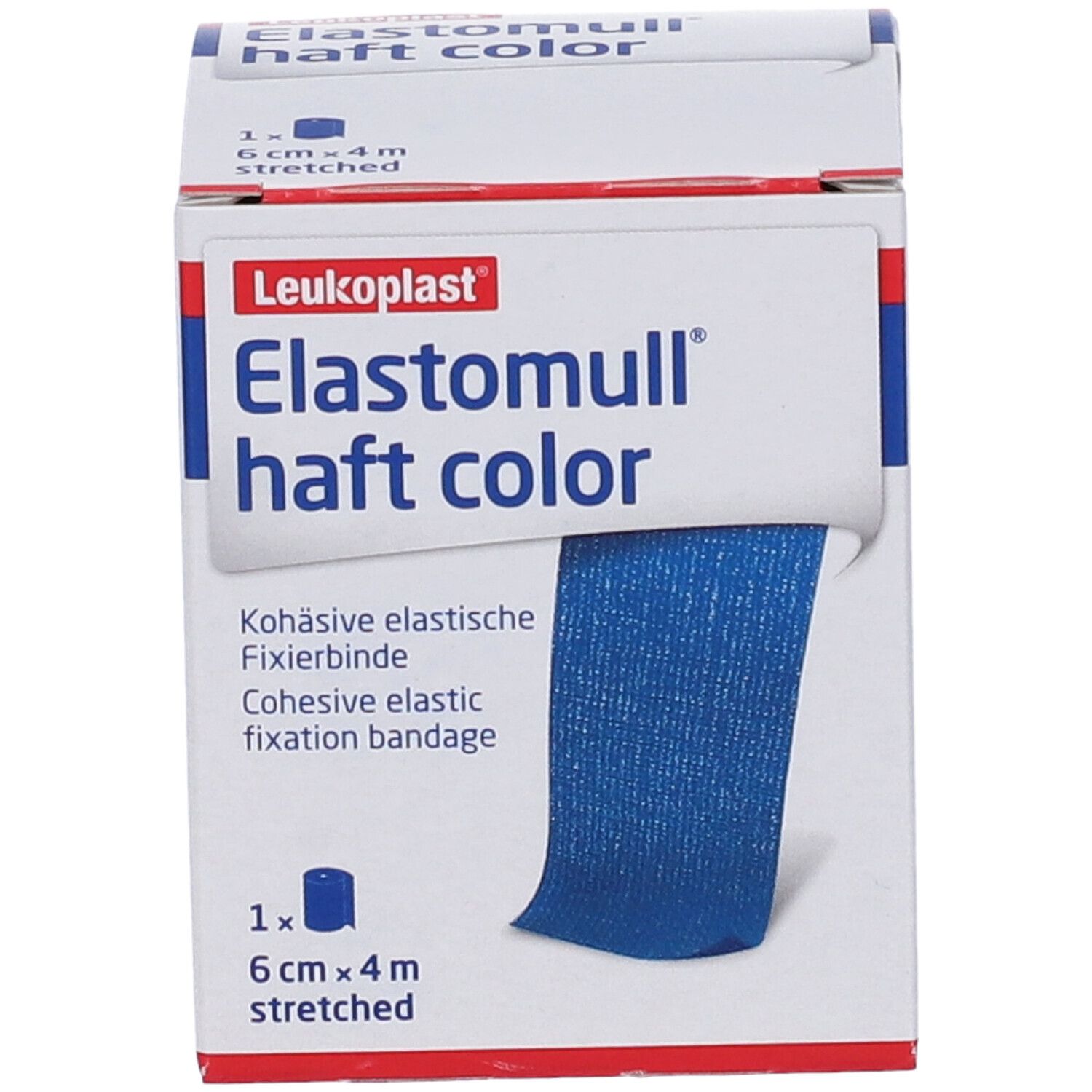 Confezione di Elastomull® Haft Color. Scatola con nome, logo e descrizione del prodotto. Benda blu visibile.
