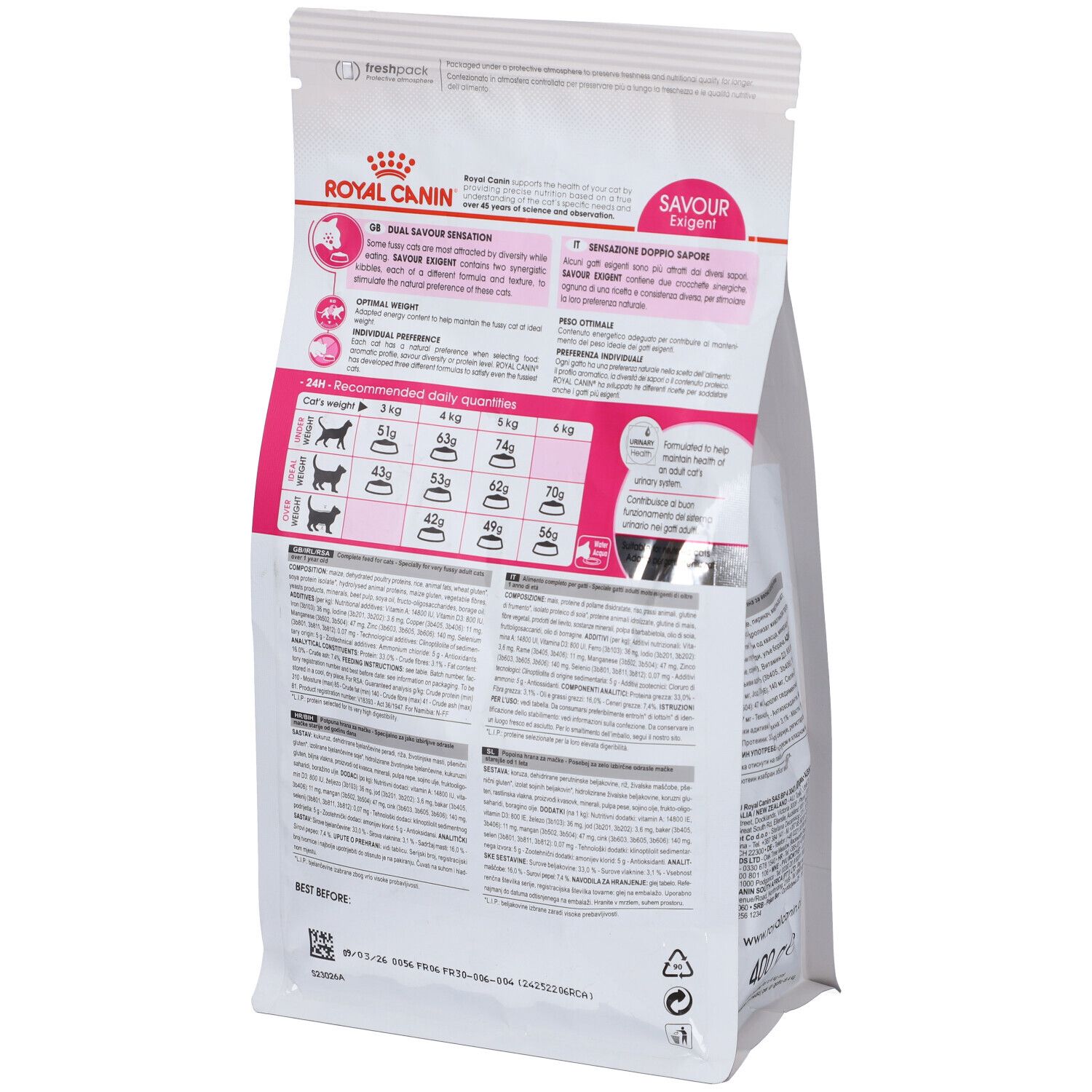 Retro della confezione di cibo per gatti Royal Canin. Testo e grafici. Informazioni sull'alimentazione.