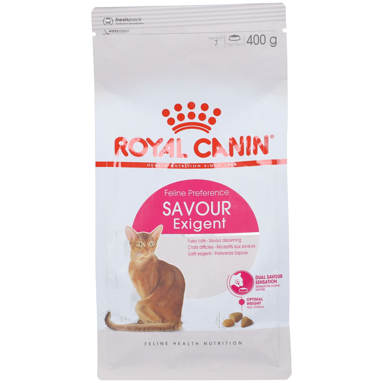 Confezione di cibo per gatti Royal Canin. Feline Preference Savour Exigent. Immagine di un gatto. 400 g.