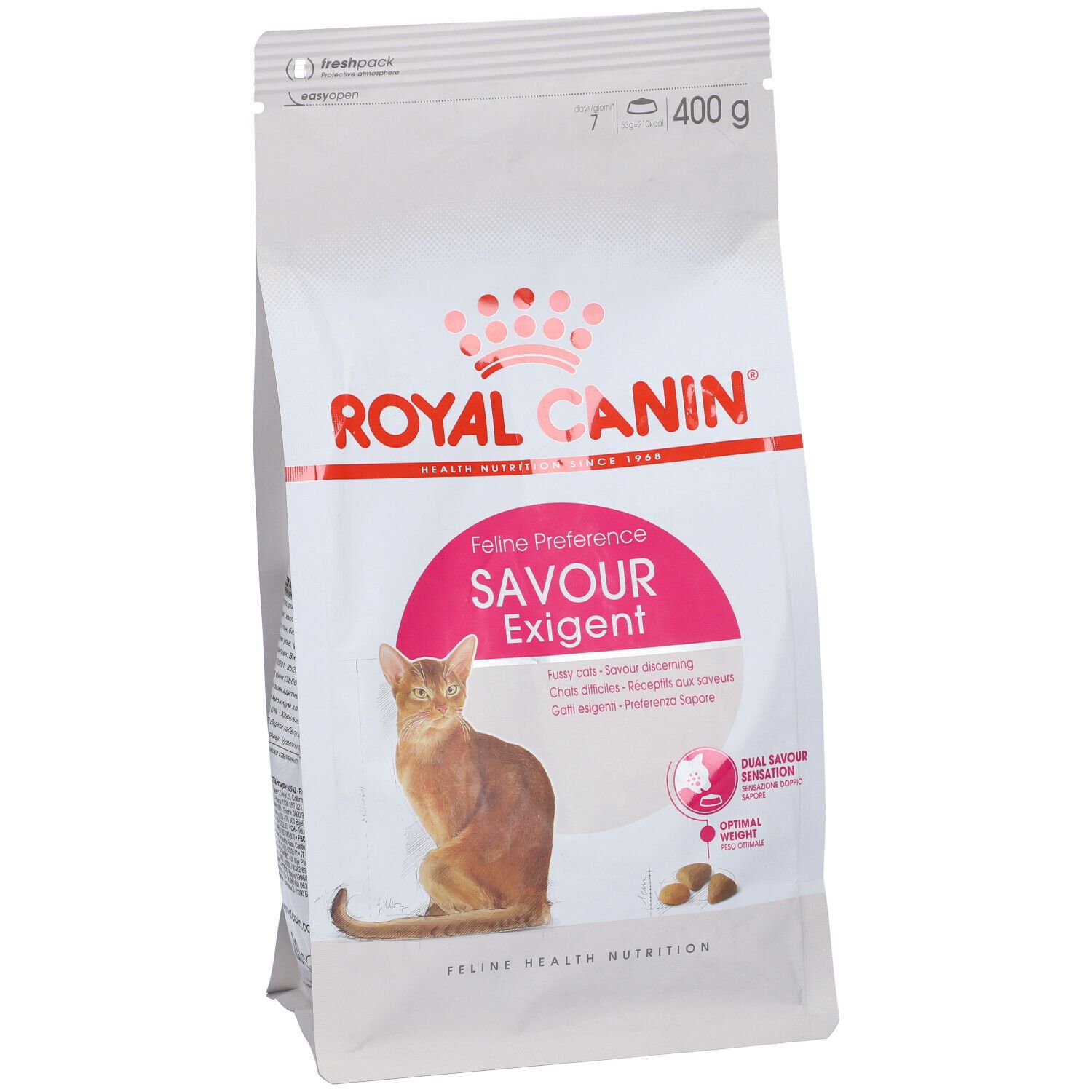 Confezione di cibo per gatti Royal Canin. Feline Preference Savour Exigent. Immagine di un gatto. 400 g.
