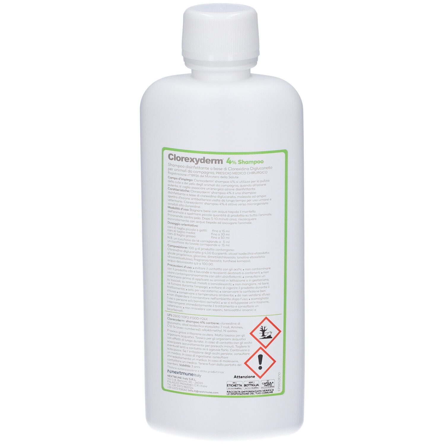 Retro del flacone di shampoo Clorexyderm® 4%. Testo in italiano. Avvertenze e simboli.