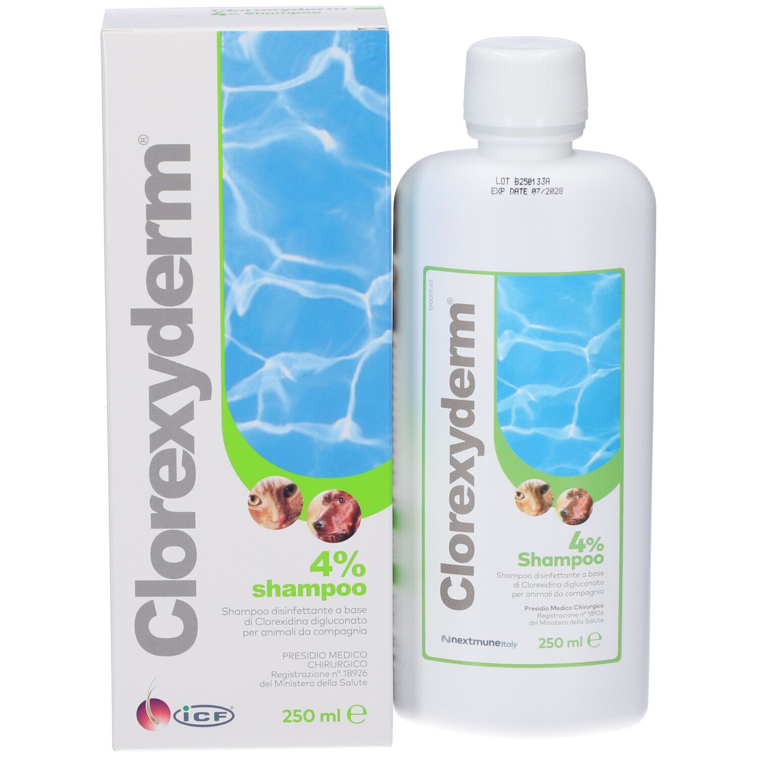 Flacone e scatola di shampoo Clorexyderm® 4%. Bianco, verde e blu. 250 ml. Con tappo a vite.