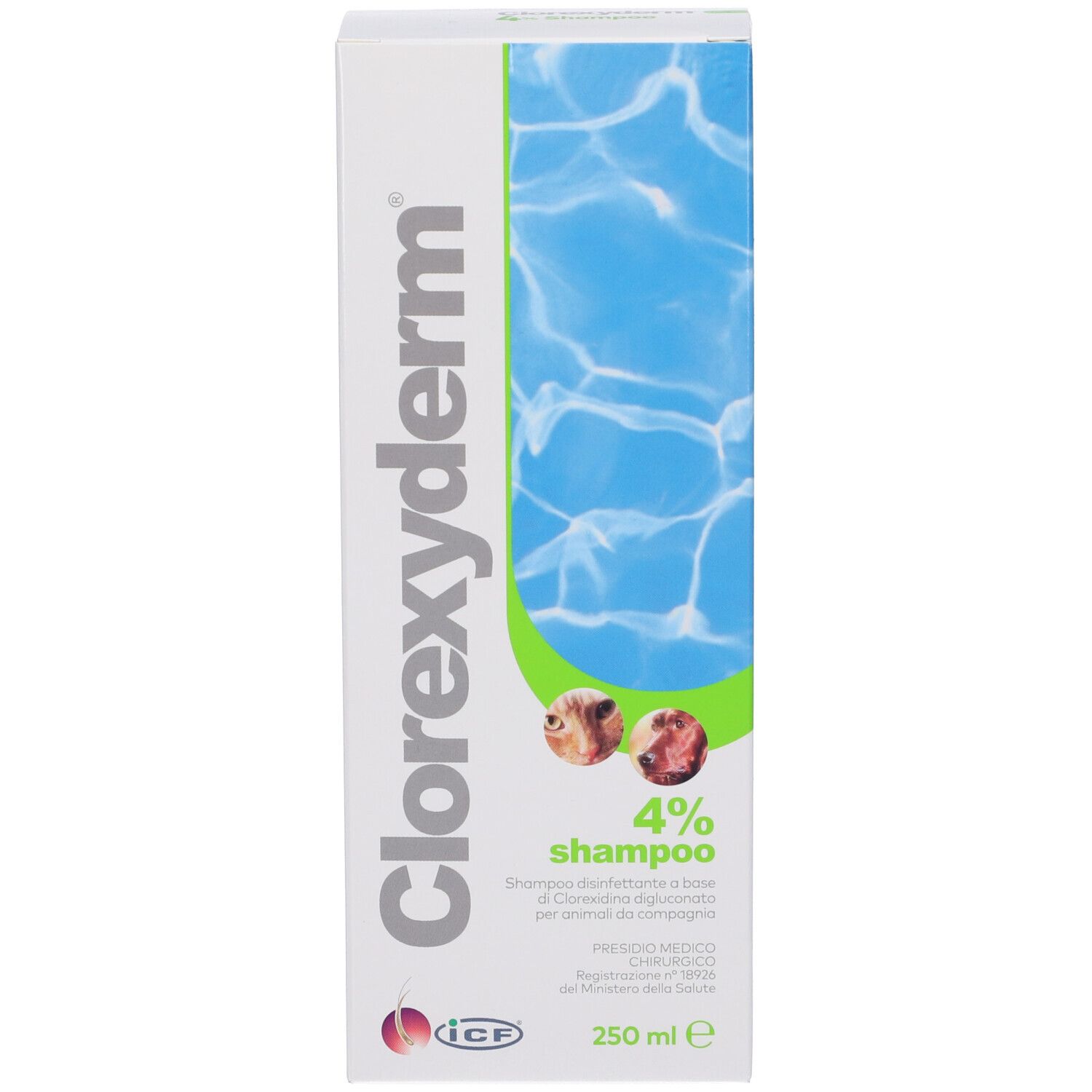 Scatola di shampoo Clorexyderm® 4%. Bianco, verde e blu. Testo e immagini di animali. 250 ml.
