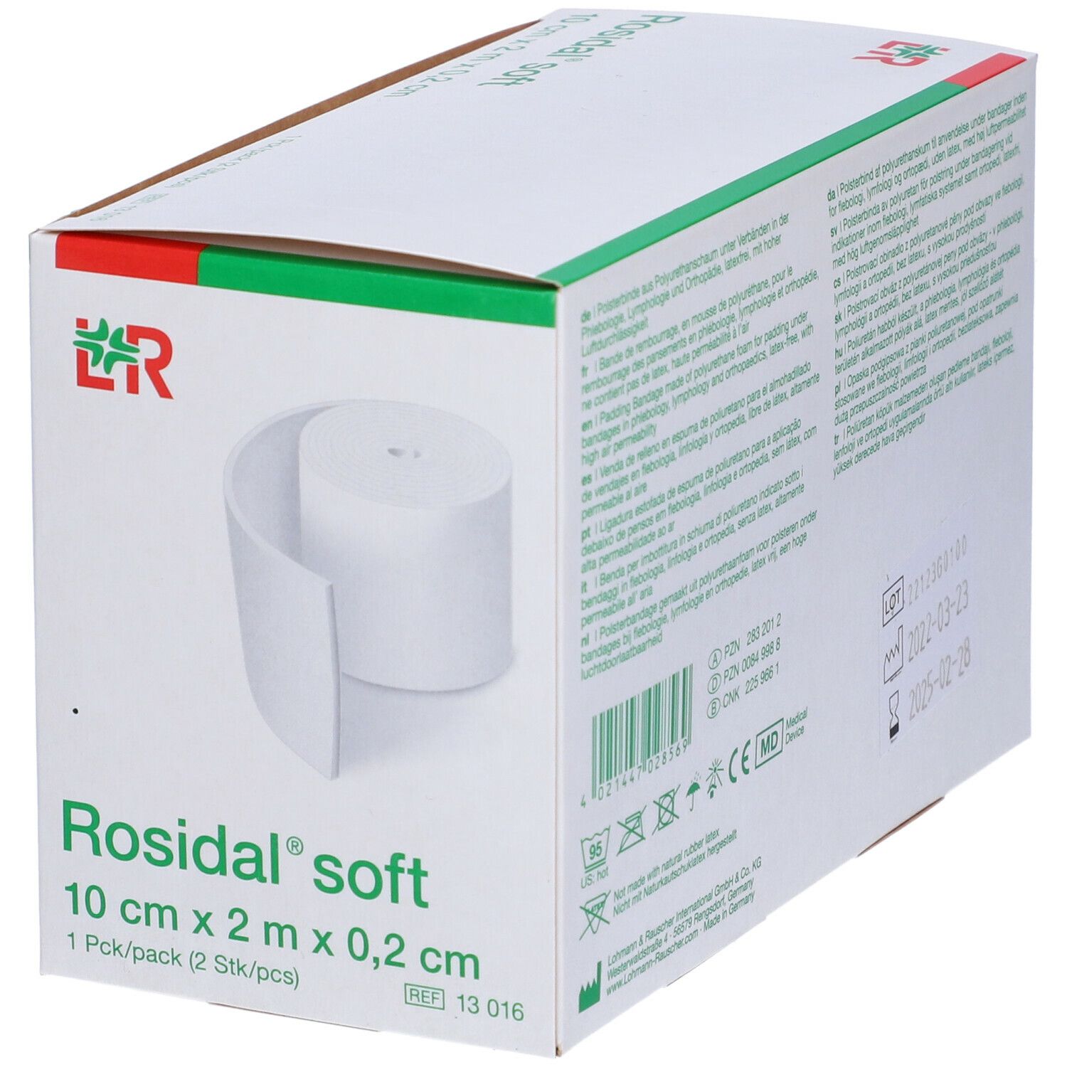 Confezione di Rosidal soft, 10 cm x 2 m x 0,2 cm. Scatola verde e bianca con benda in schiuma. Logo LR.