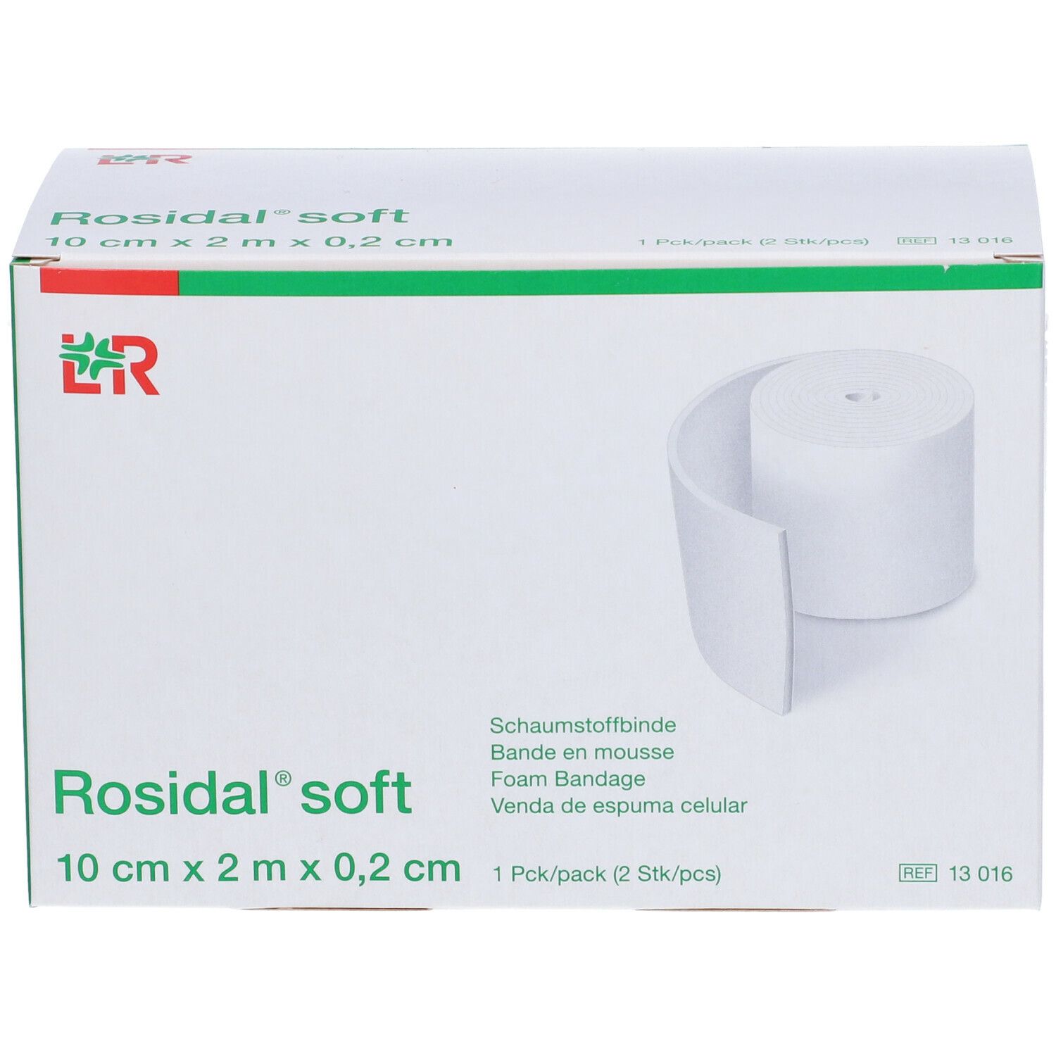 Confezione di Rosidal soft, 10 cm x 2 m x 0,2 cm. Benda in schiuma bianca parzialmente visibile. Logo LR.