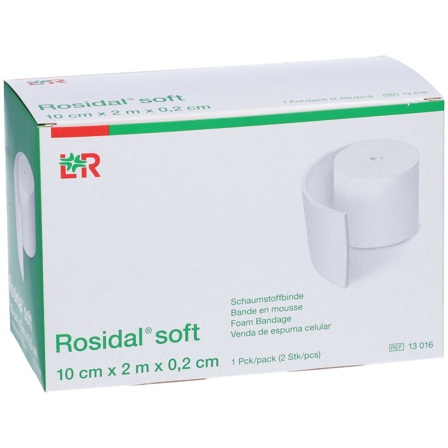 Confezione di Rosidal soft, 10 cm x 2 m x 0,2 cm. Scatola verde e bianca con benda in schiuma. Logo LR.