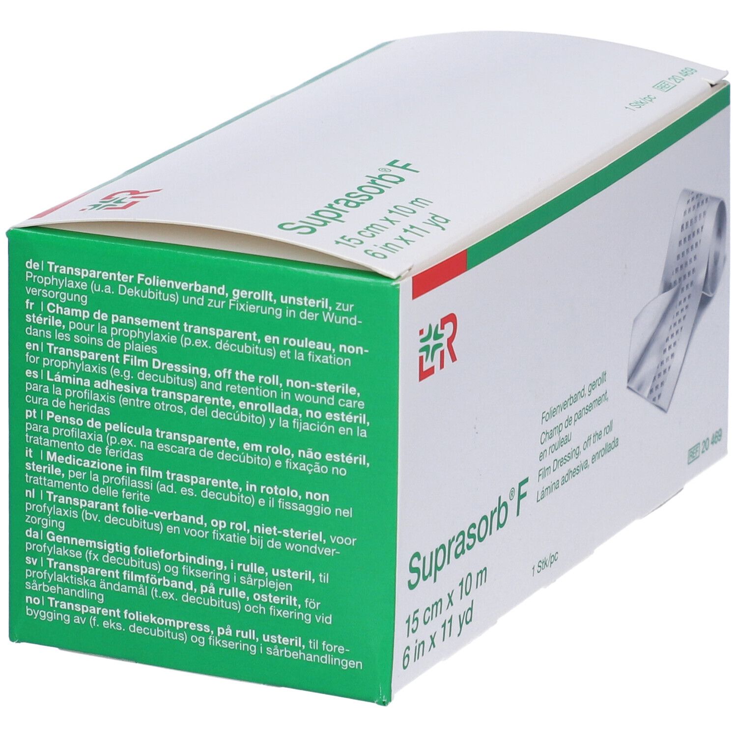 Confezione con informazioni sul prodotto e logo. Rotolo di medicazione in film parzialmente visibile.