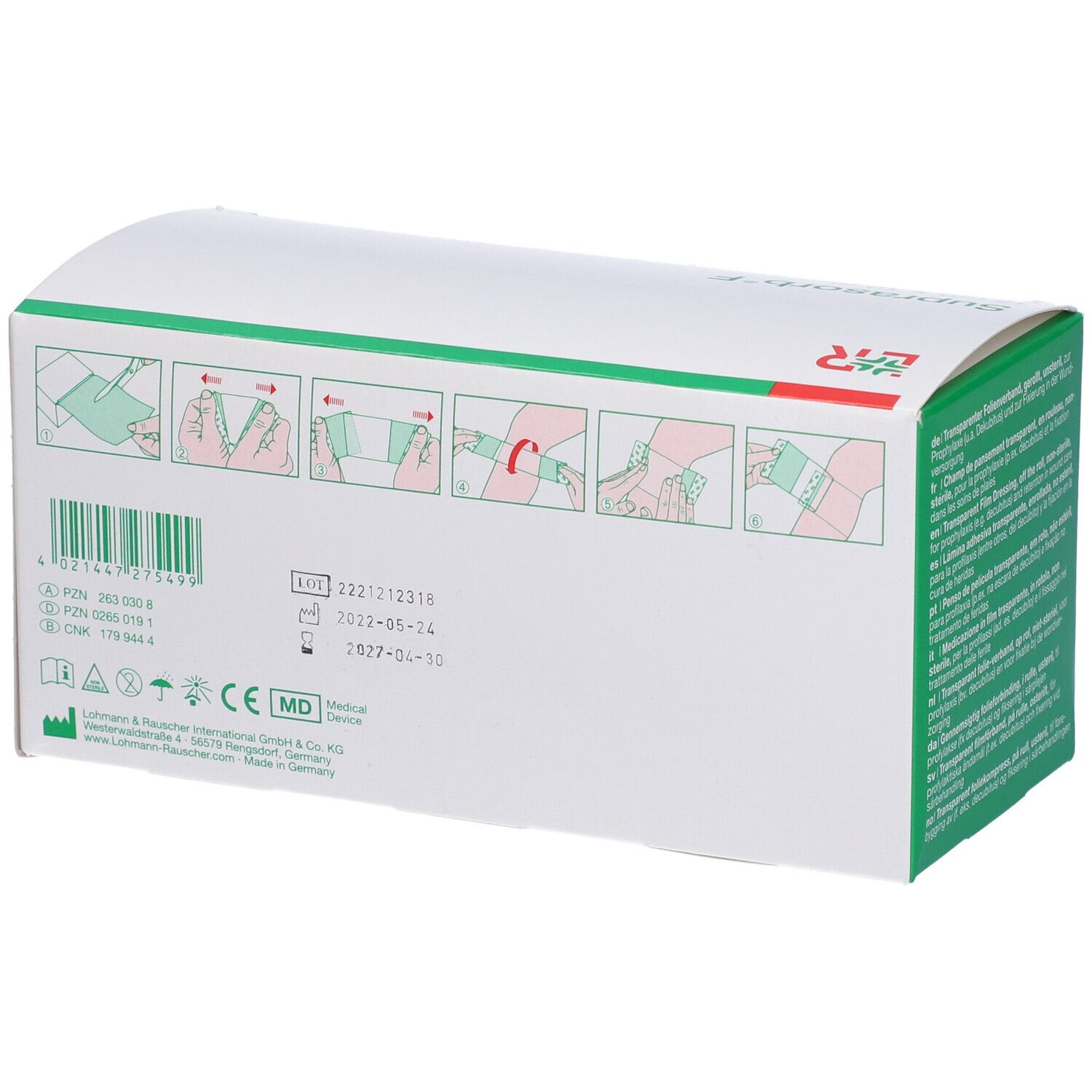 Retro della confezione con pittogrammi applicativi e codice a barre. Logo e informazioni produttore.