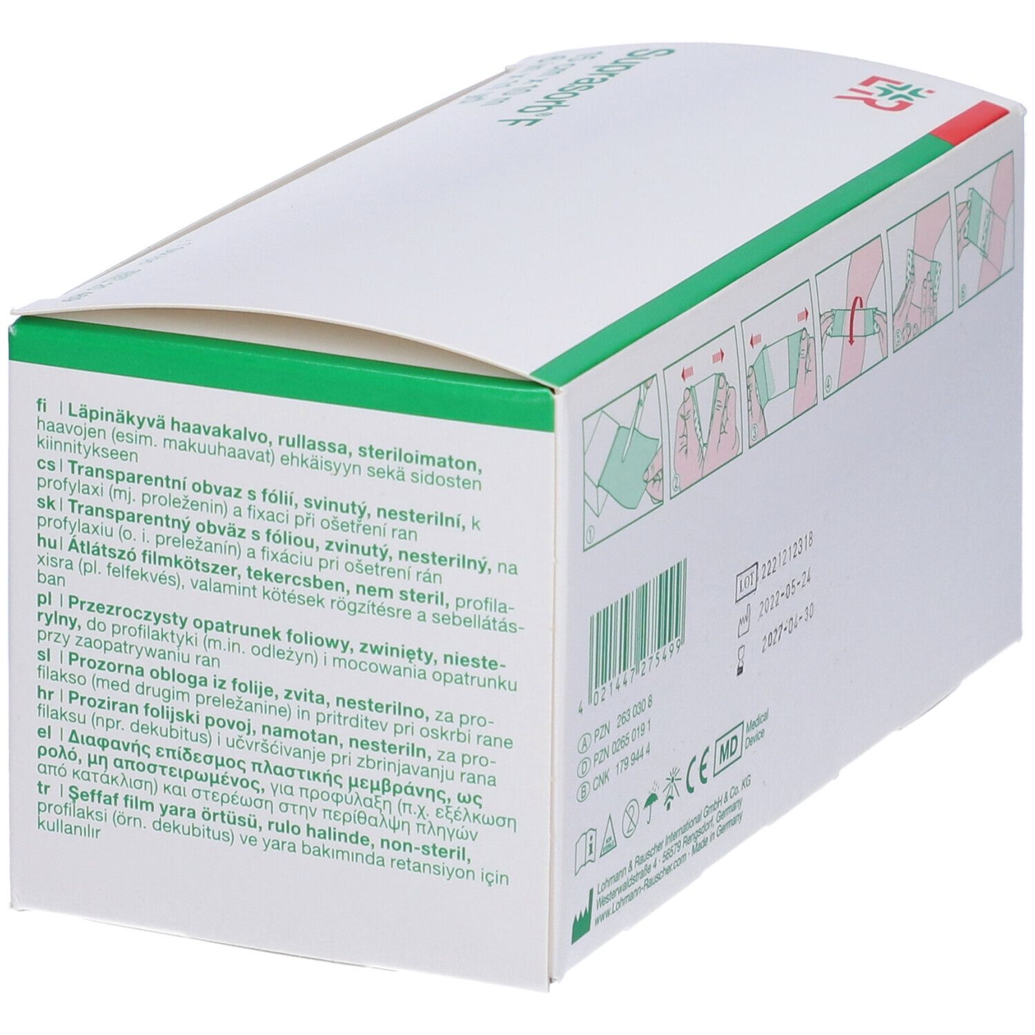 Confezione con informazioni sul prodotto e logo. Rotolo di medicazione in film parzialmente visibile.