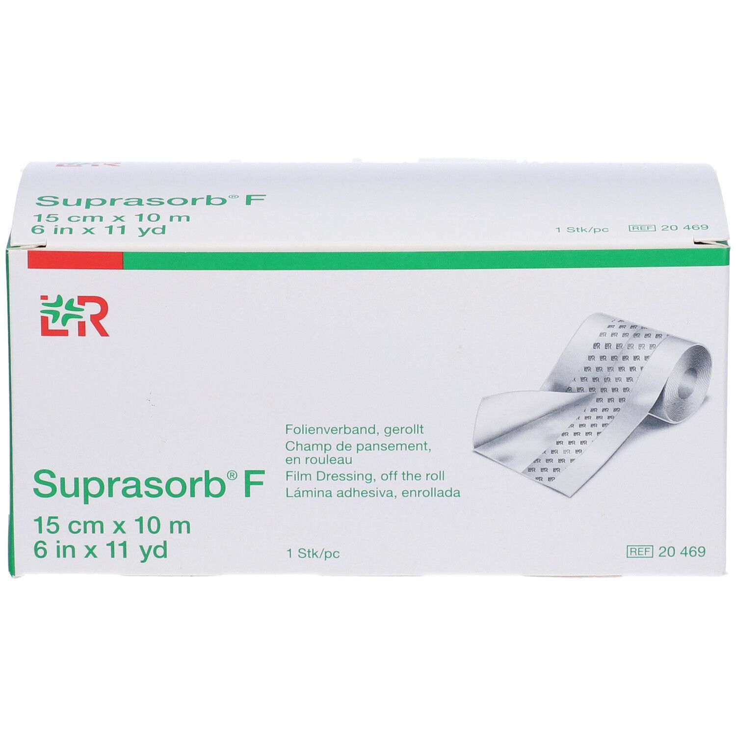 Medicazione in film, arrotolata. Confezione con nome, dimensioni e logo. Rotolo parzialmente visibile.