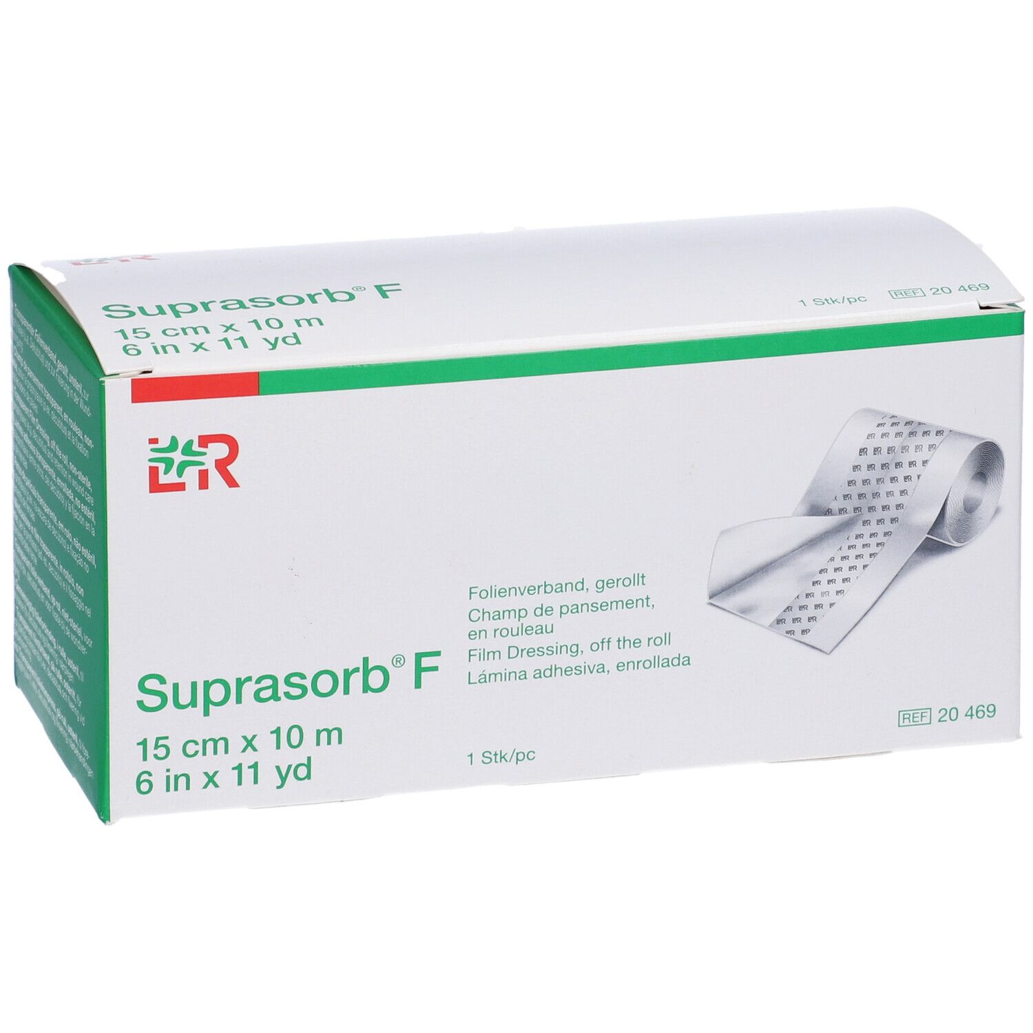 Medicazione in film, arrotolata. Confezione con nome, dimensioni e logo. Rotolo parzialmente visibile.