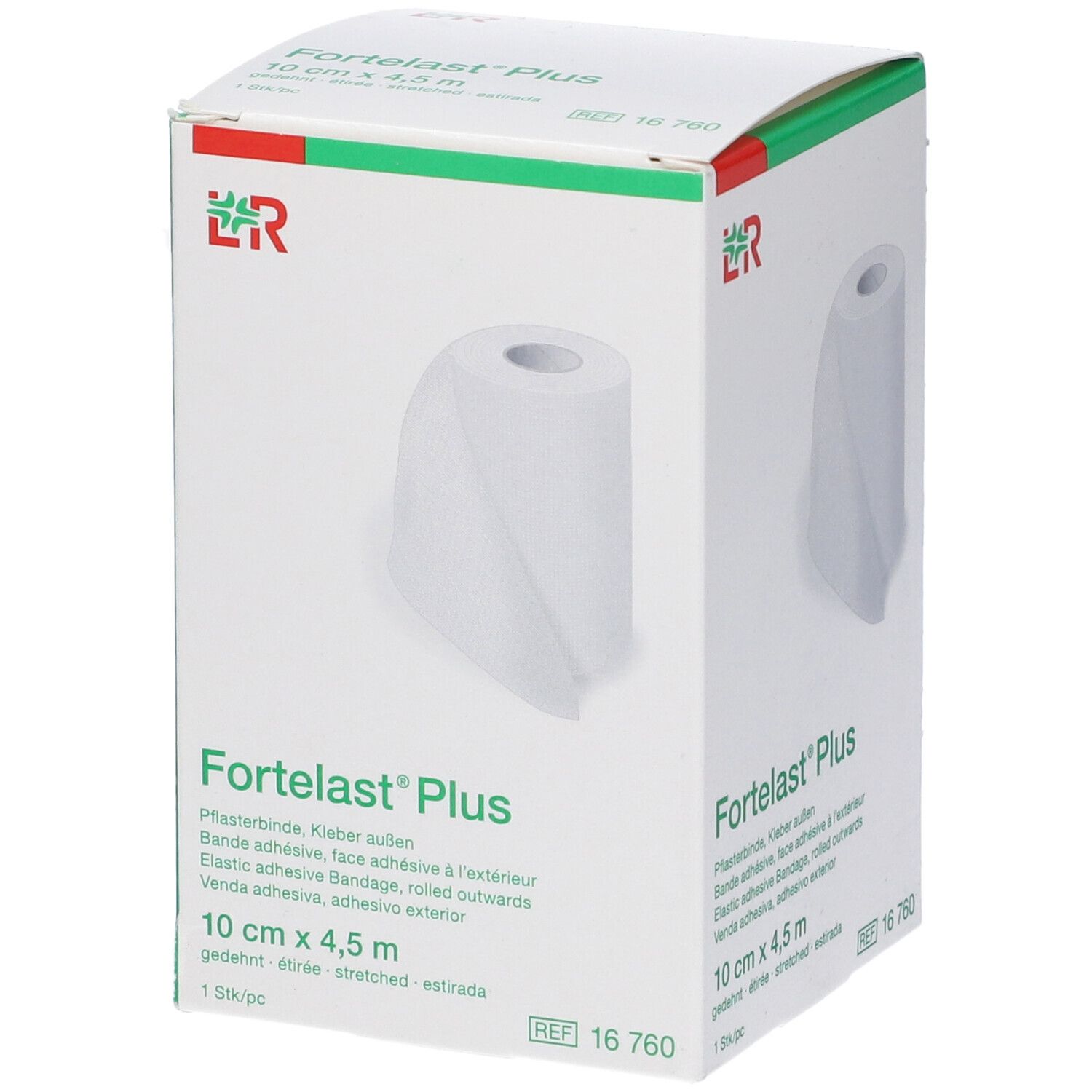 Confezione con rotolo bianco. Scritta Fortelast Plus. Dimensioni: 10 cm x 4,5 m.