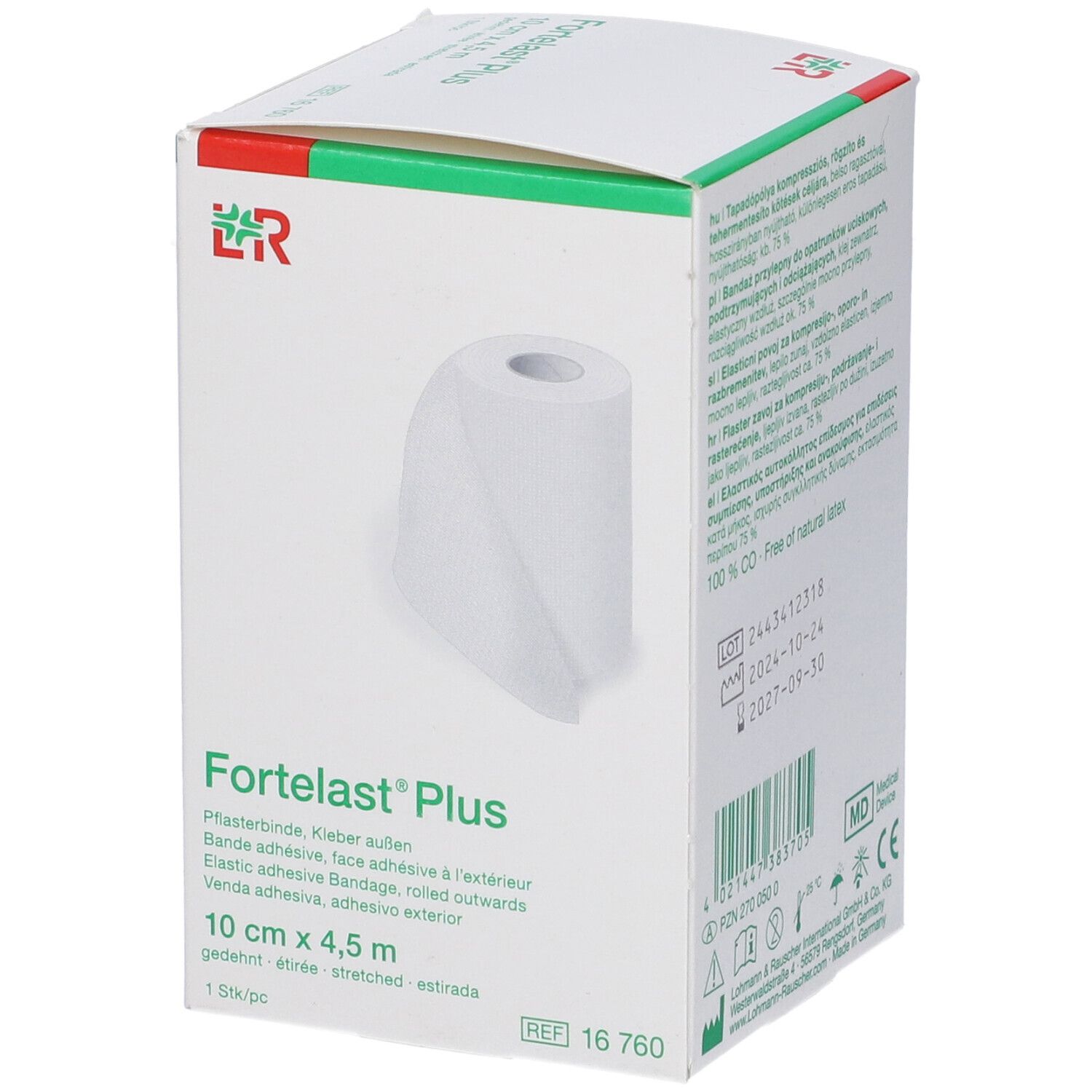 Confezione con rotolo bianco. Scritta Fortelast Plus. Dimensioni: 10 cm x 4,5 m.