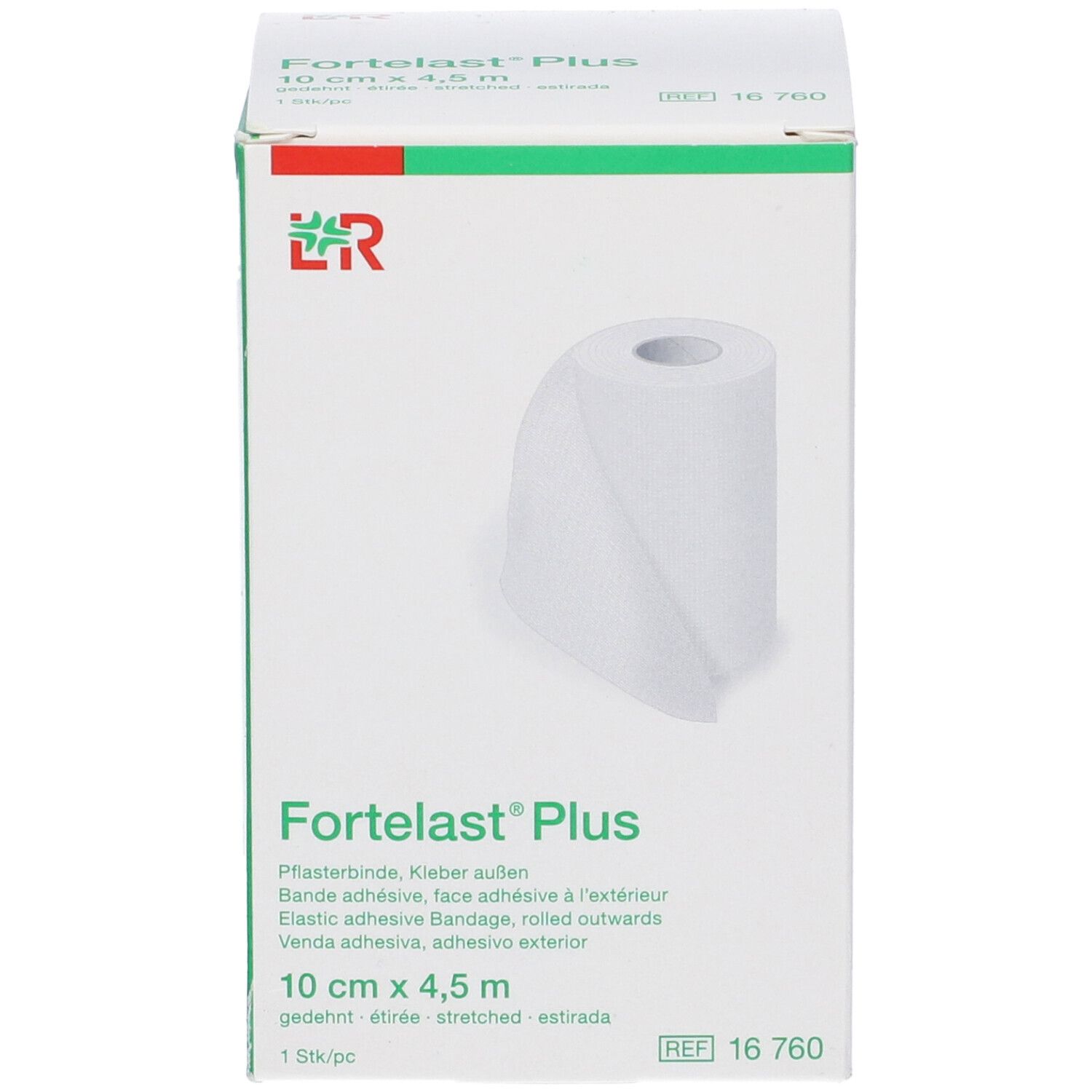 Confezione con rotolo bianco. Scritta Fortelast Plus. Dimensioni: 10 cm x 4,5 m.