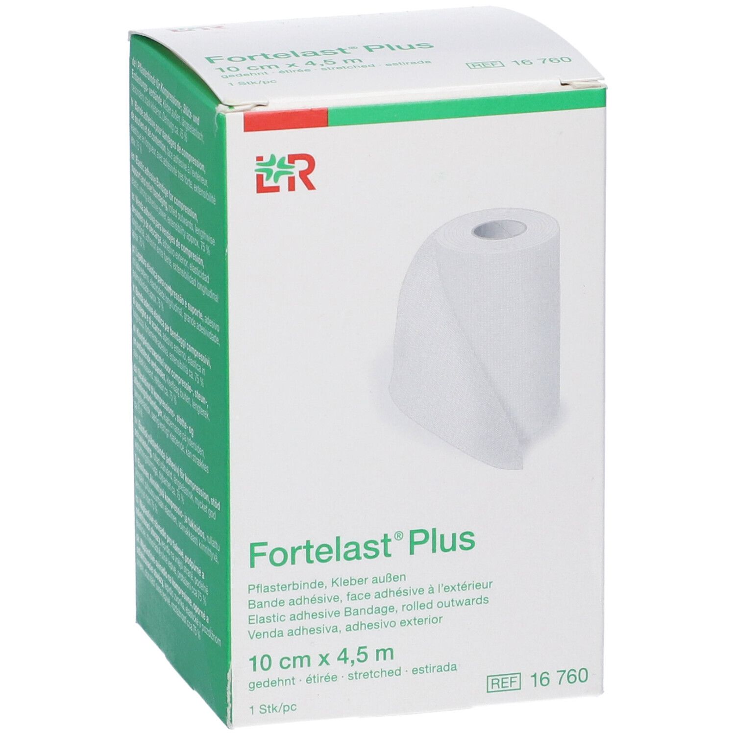 Confezione con rotolo bianco. Scritta Fortelast Plus. Dimensioni: 10 cm x 4,5 m.