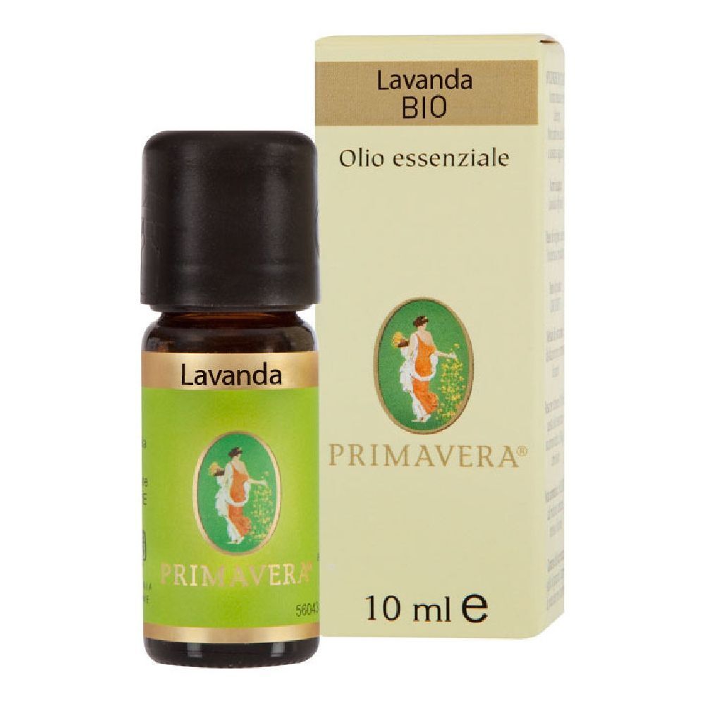 Flacone di vetro marrone con tappo nero ed etichetta. Scatola con scritta 'Lavanda BIO Olio essenziale'.