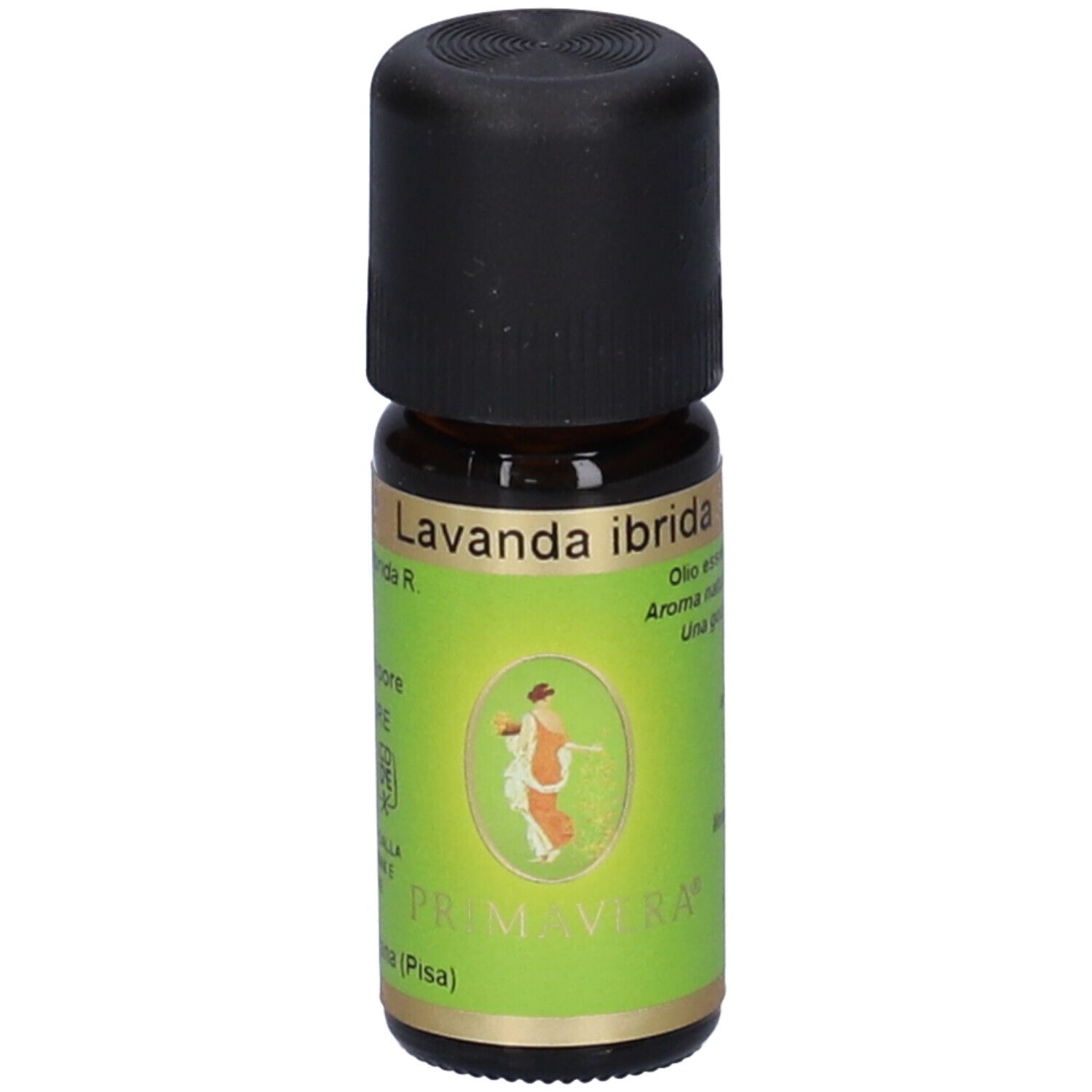 Flacone di vetro marrone con tappo nero ed etichetta verde. Scritta 'Lavanda ibrida'.