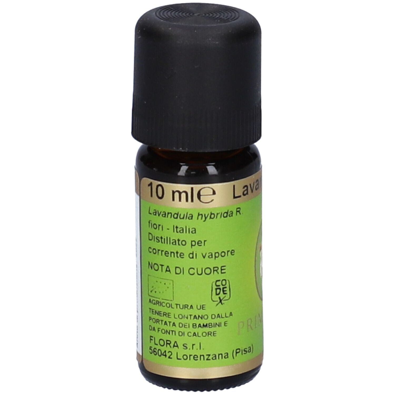 Flacone di vetro marrone con tappo nero ed etichetta verde. Scritta 'Lavanda ibrida'.