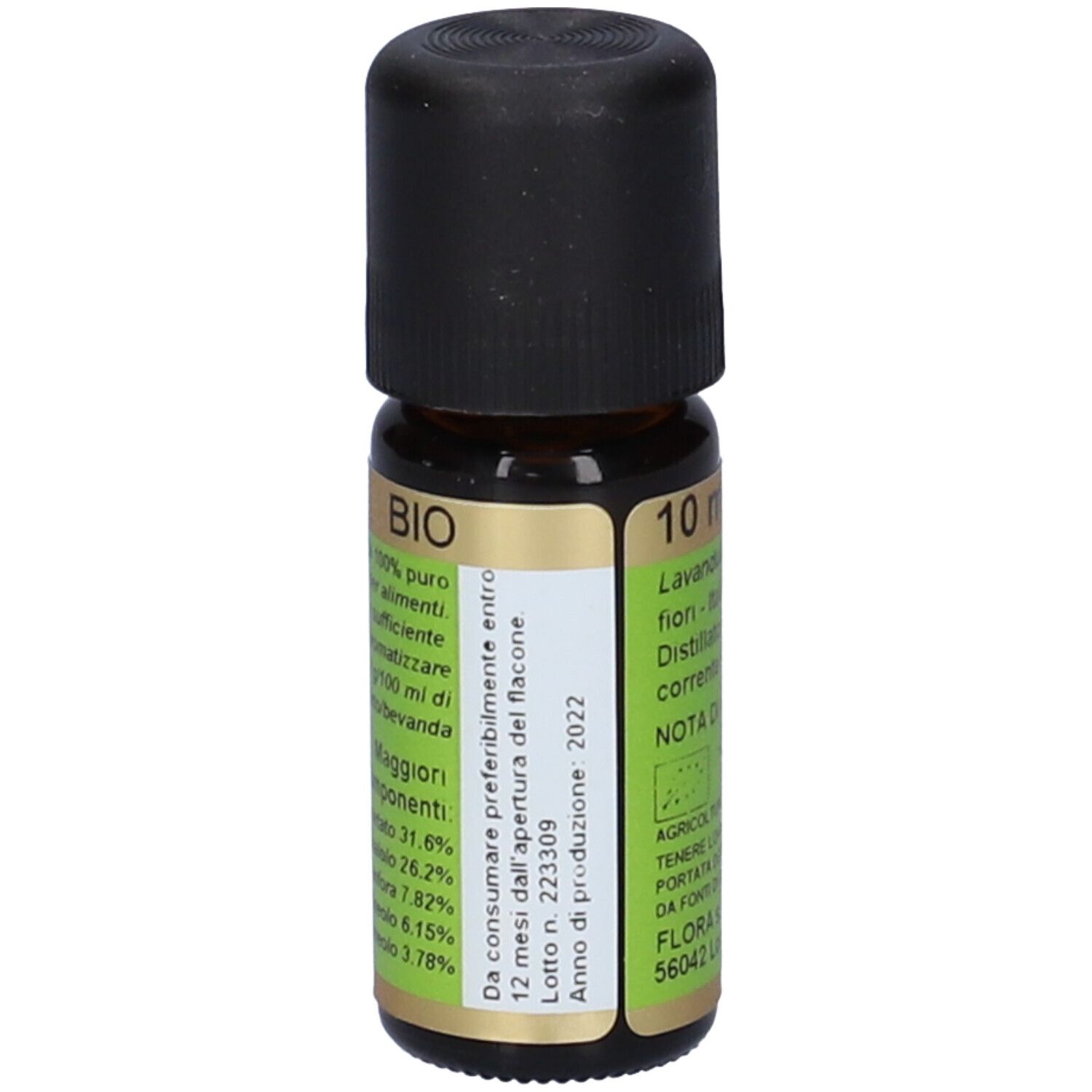 Flacone di vetro marrone con tappo nero ed etichetta verde. Scritta 'Lavanda ibrida'.