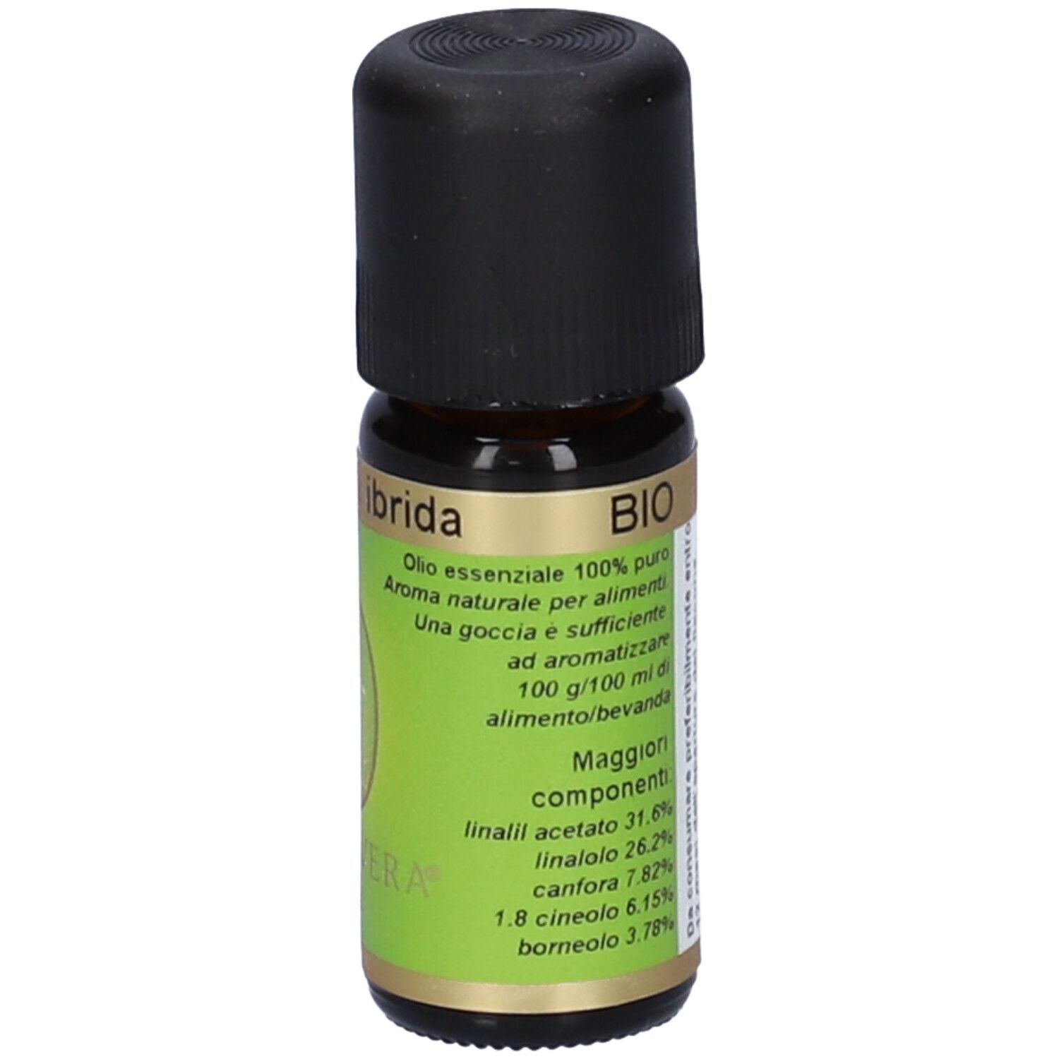 Flacone di vetro marrone con tappo nero ed etichetta verde. Scritta 'Lavanda ibrida'.
