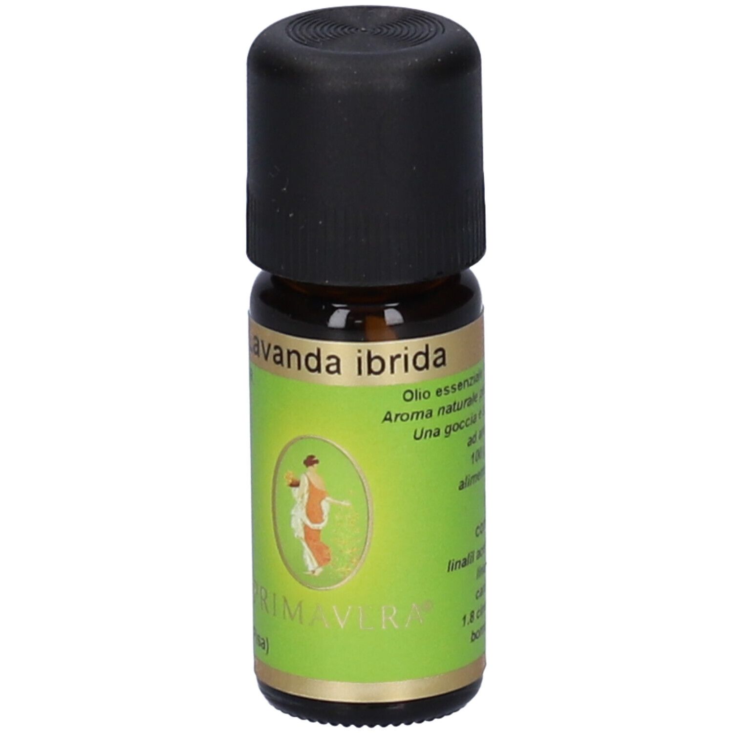 Flacone di vetro marrone con tappo nero ed etichetta verde. Scritta 'Lavanda ibrida'.