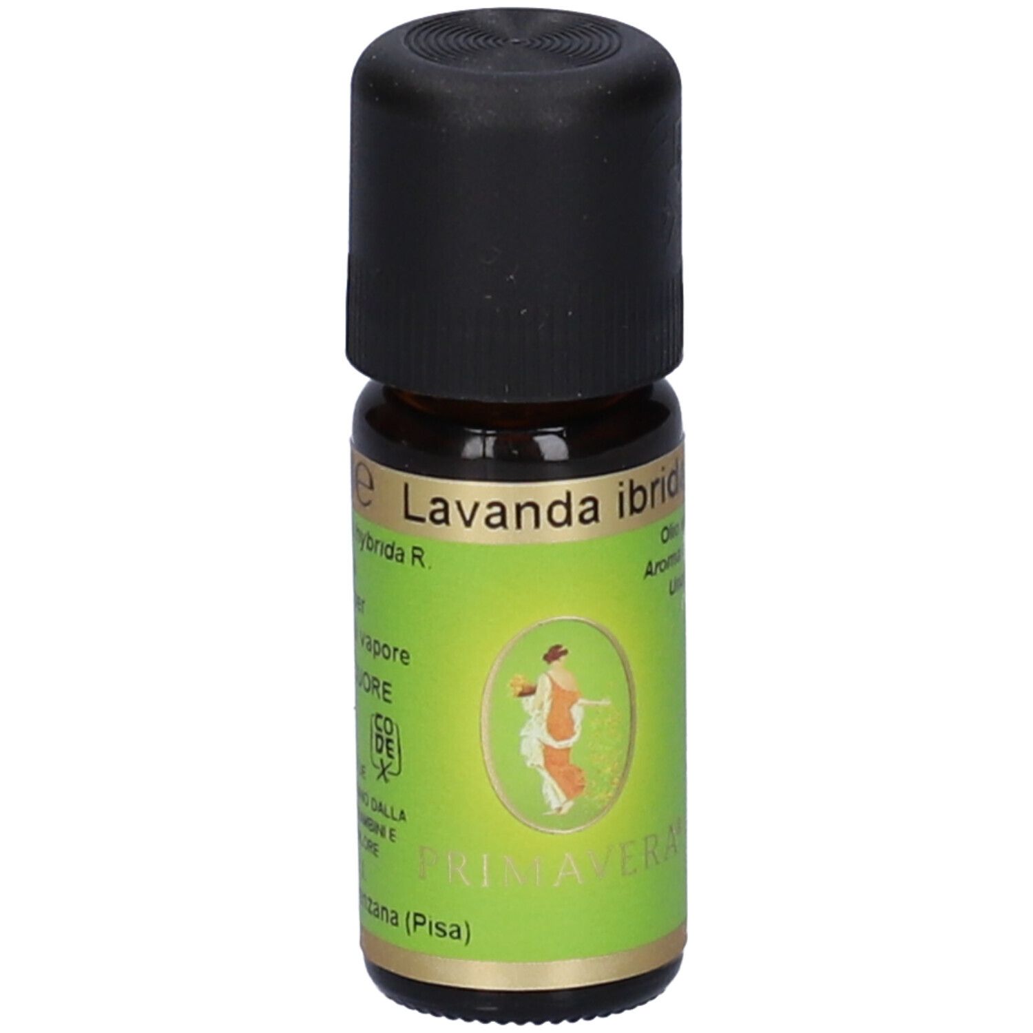 Flacone di vetro marrone con tappo nero ed etichetta verde. Scritta 'Lavanda ibrida'.