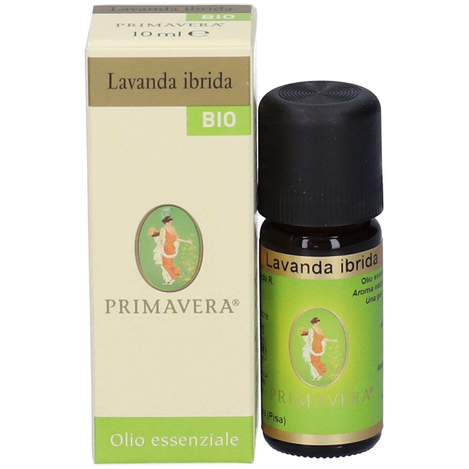 Flacone di vetro marrone con tappo nero ed etichetta verde. Scatola con scritta 'Lavanda ibrida'.