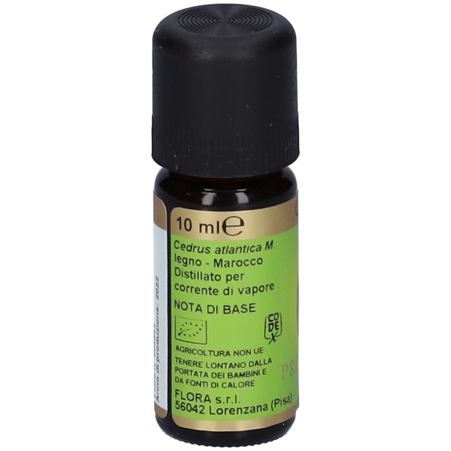 Piccolo flacone di vetro marrone con tappo nero. Etichetta verde con testo. 10 ml. Cedrus atlantica M. legno - Marocco.