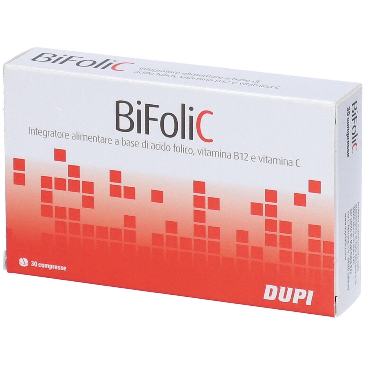 Scatola bianca con motivo rosso e scritta "Bifolic C". Contiene 30 compresse. Marchio Dupi.