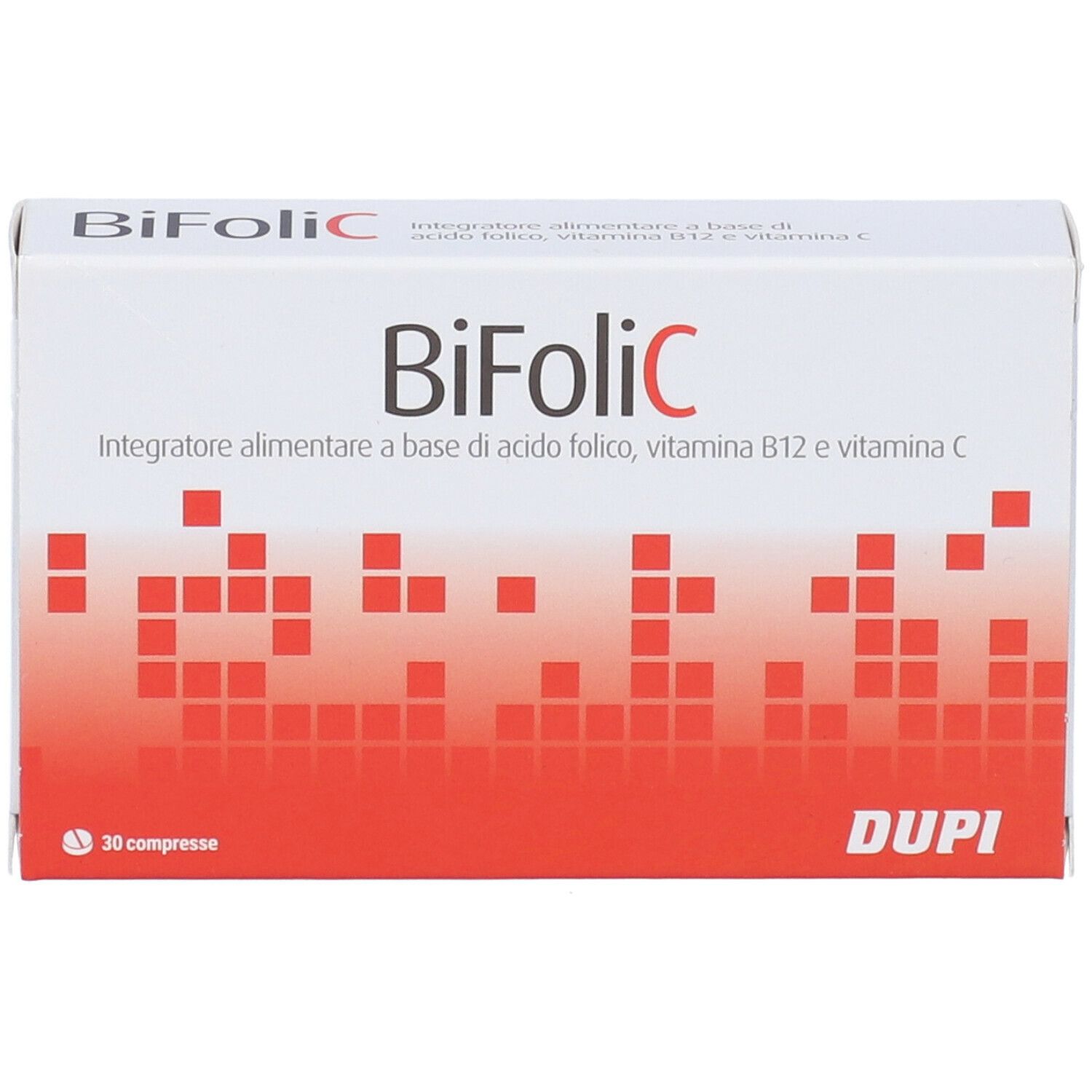 Scatola bianca "Bifolic C" con motivo rosso. Contiene 30 compresse. Marchio Dupi.