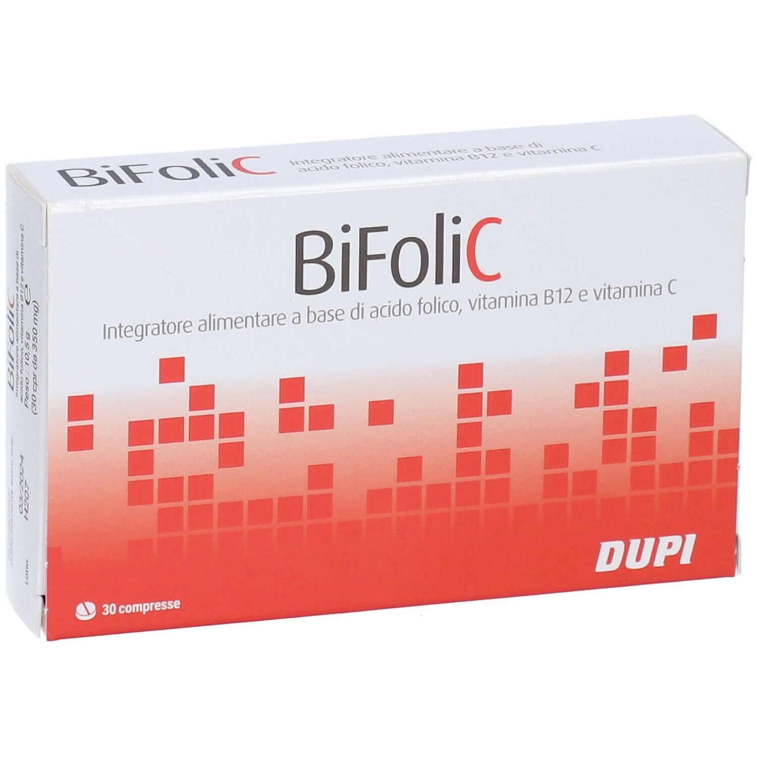 Scatola bianca "Bifolic C" con motivo rosso. Contiene 30 compresse. Marchio Dupi.
