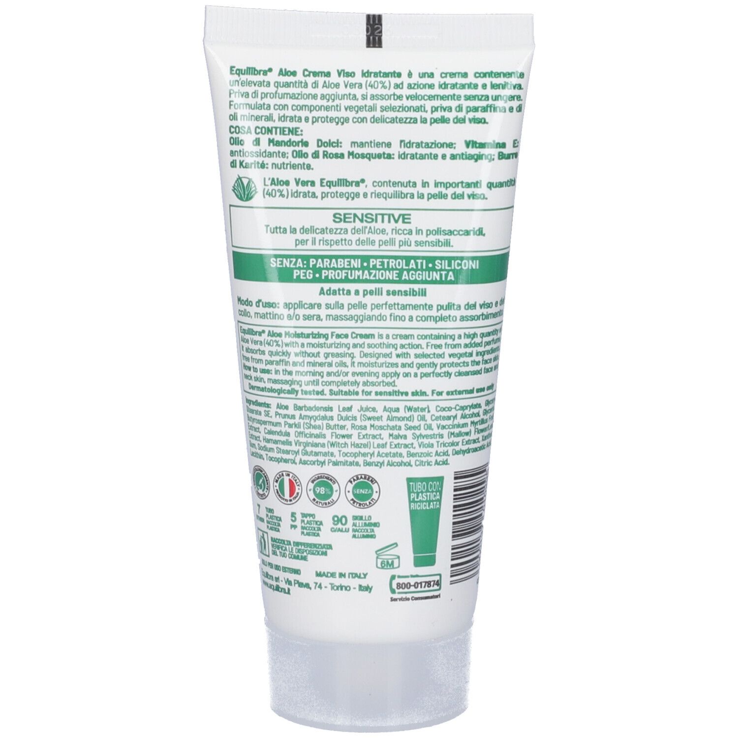 Retro del tubo. Testo multilingue. Contiene informazioni sulla crema. Marchio: Equilibra. Ingredienti e istruzioni per l'uso.
