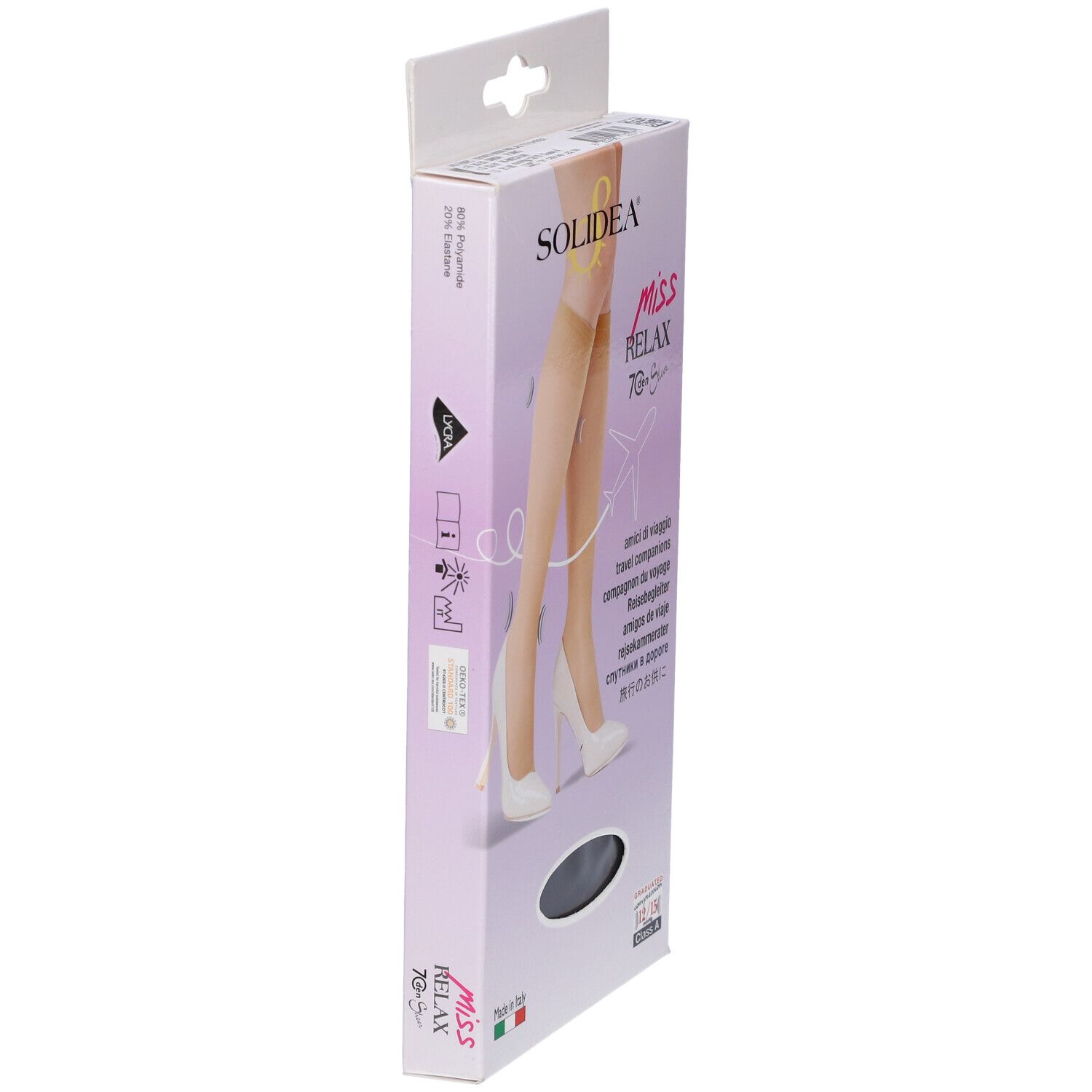 Vista laterale della confezione di calze al ginocchio SOLIDEA® MISS RELAX 70 sheer. Marchio e nome del prodotto.