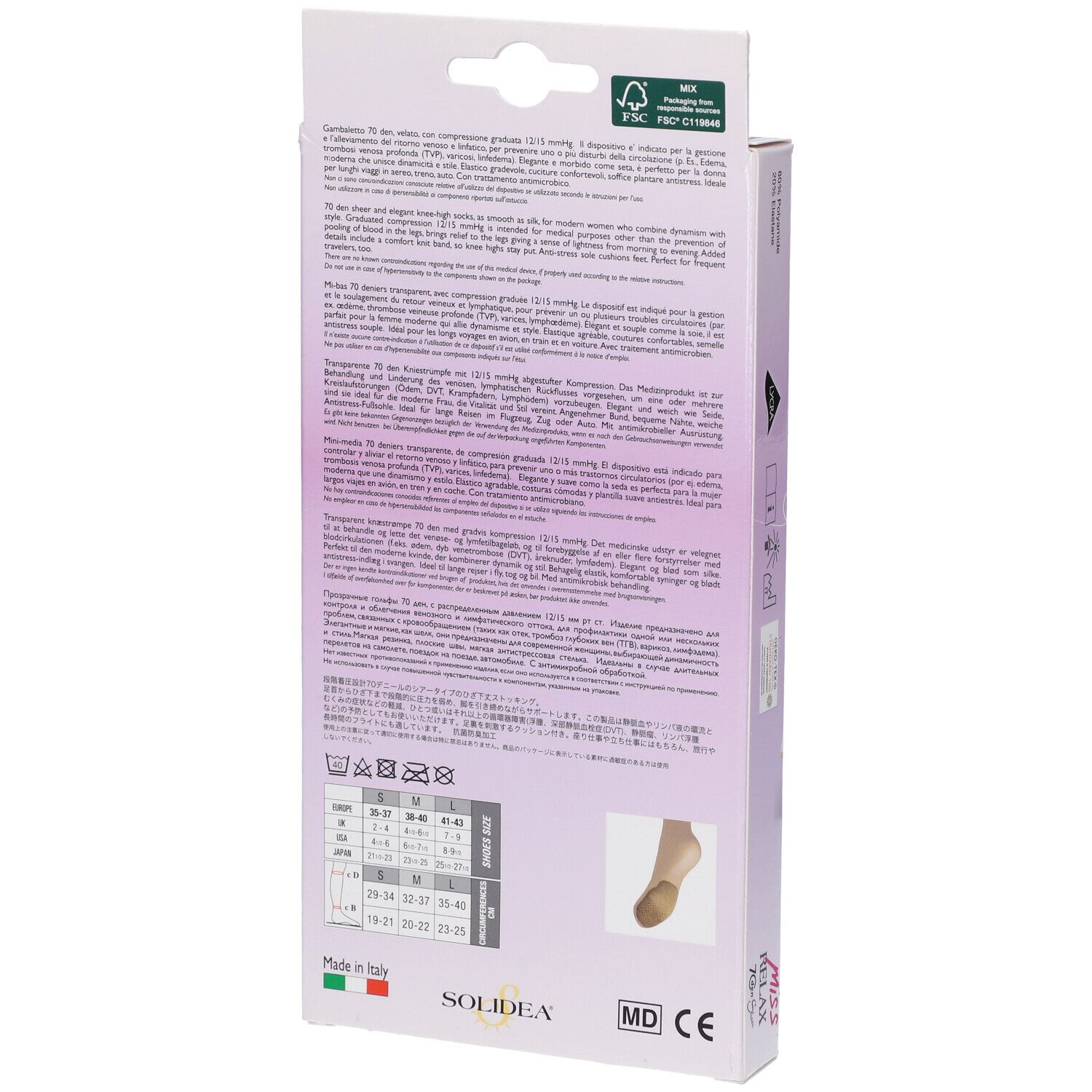 Retro della confezione con informazioni e indicazioni taglia per le calze al ginocchio SOLIDEA® MISS RELAX 70 sheer.