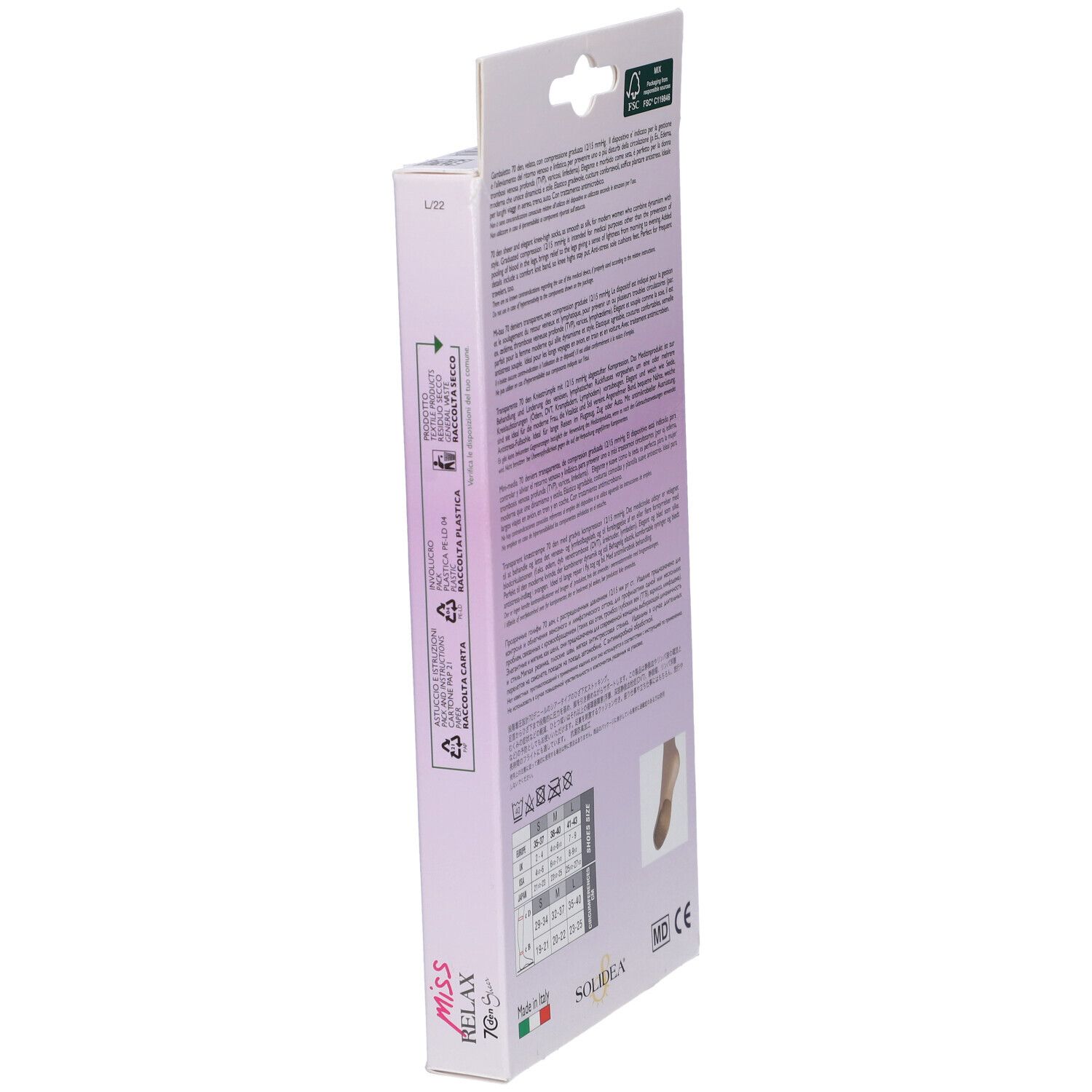 Vista laterale della confezione con informazioni per le calze al ginocchio SOLIDEA® MISS RELAX 70 sheer. Testo e indicazioni taglia.