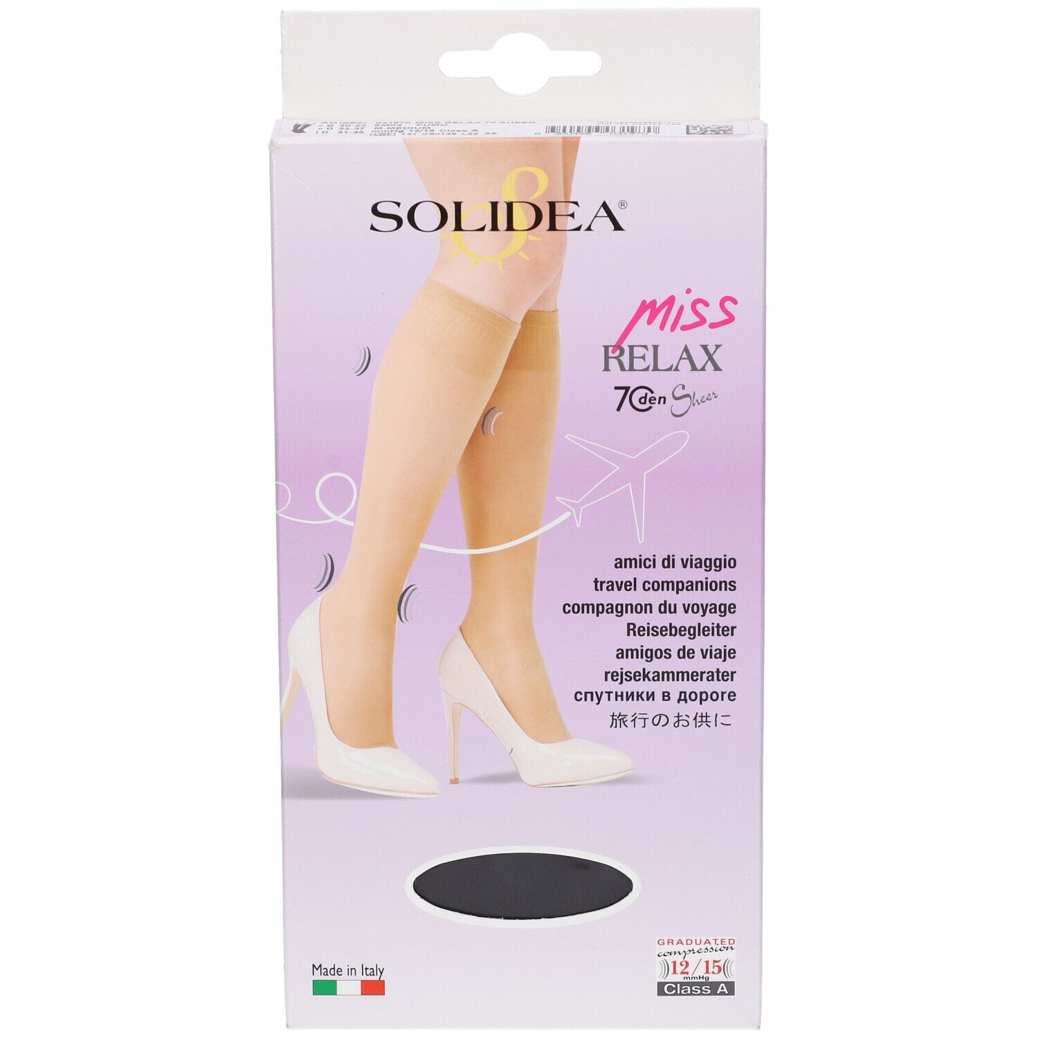 Confezione di calze al ginocchio SOLIDEA® MISS RELAX 70 sheer. Immagine del prodotto, marchio, nome del prodotto e indicazione taglia.