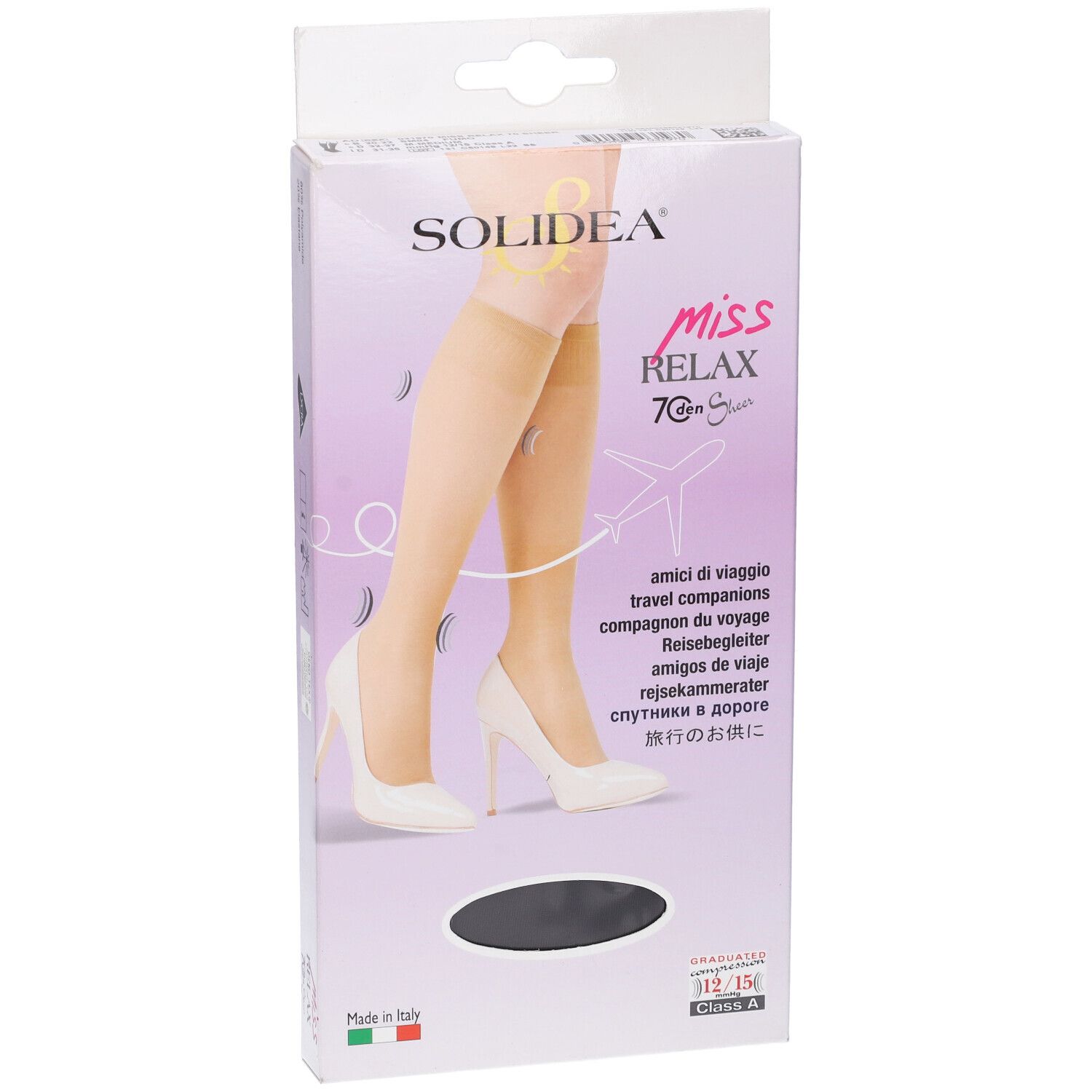 Confezione di calze al ginocchio SOLIDEA® MISS RELAX 70 sheer. Immagine del prodotto, marchio, nome del prodotto e indicazione taglia.