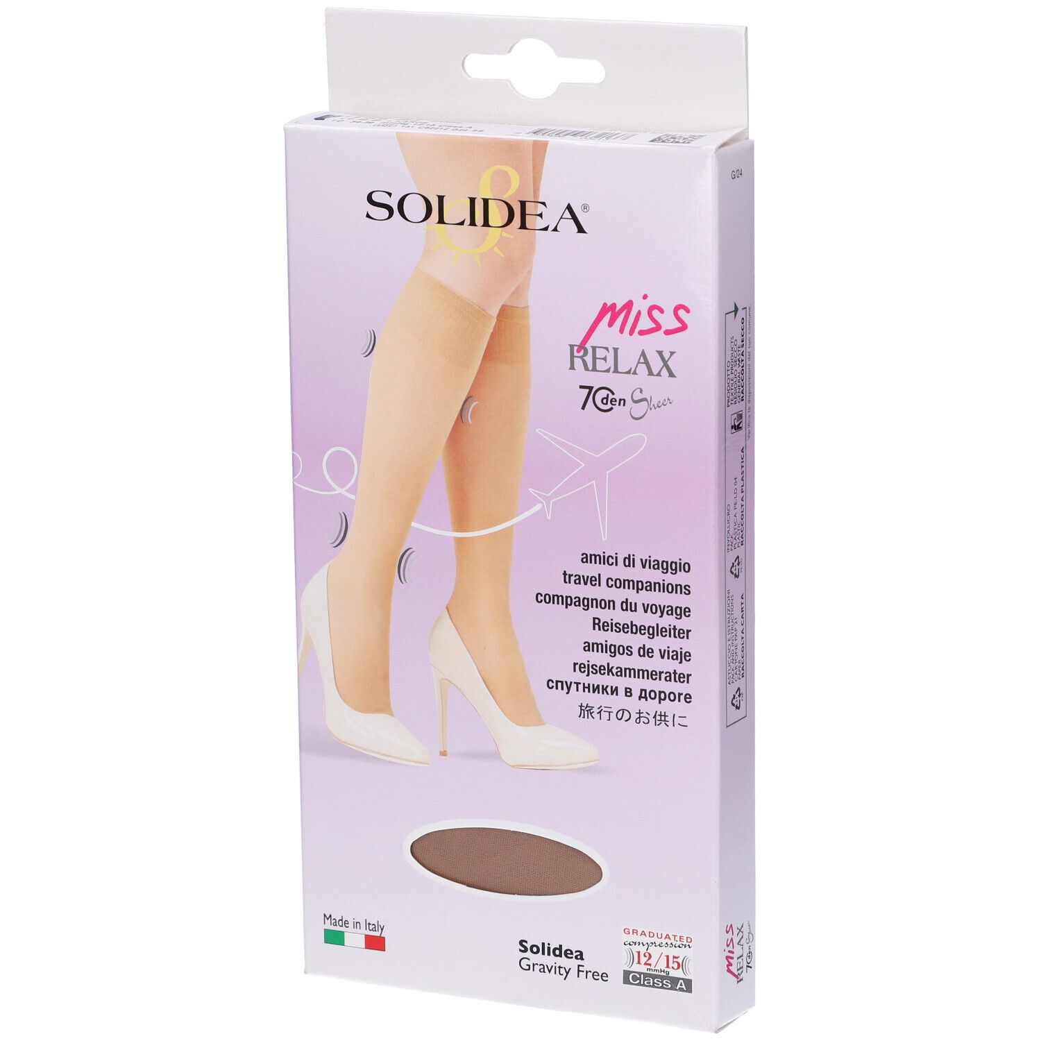 Scatola con calze al ginocchio. Nome e logo del prodotto. Scritte: 'Miss Relax', '70 Denier'. Bandiera italiana.