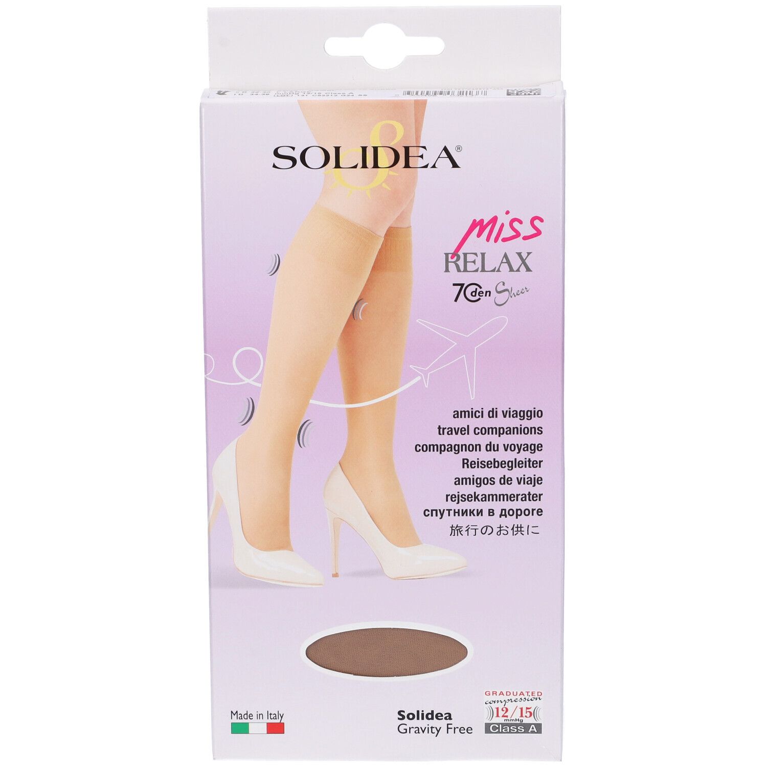 Scatola con calze al ginocchio. Nome e logo del prodotto. Scritte: 'Miss Relax', '70 Denier'. Bandiera italiana.
