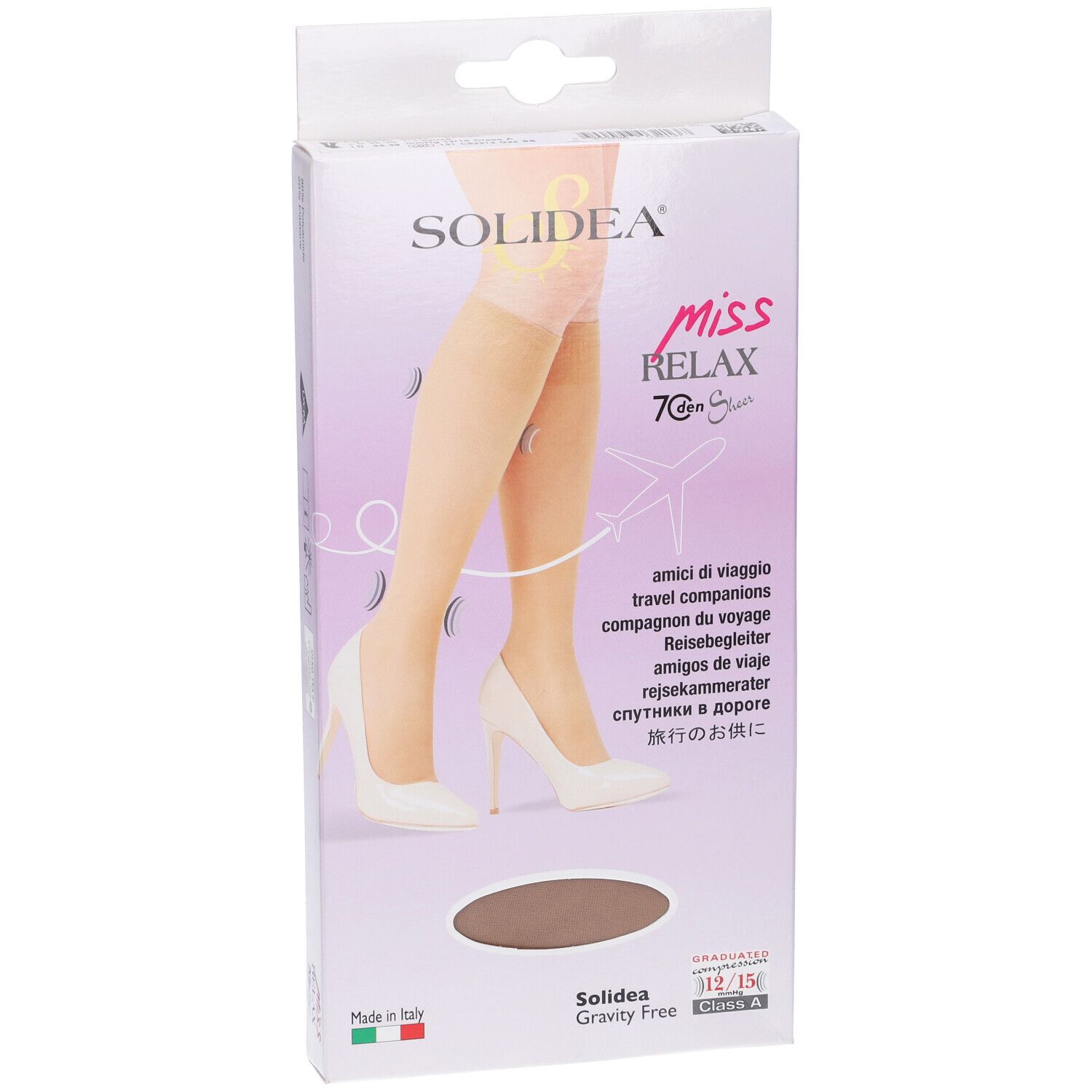 Scatola con calze al ginocchio. Nome e logo del prodotto. Scritte: 'Miss Relax', '70 Denier'. Bandiera italiana.