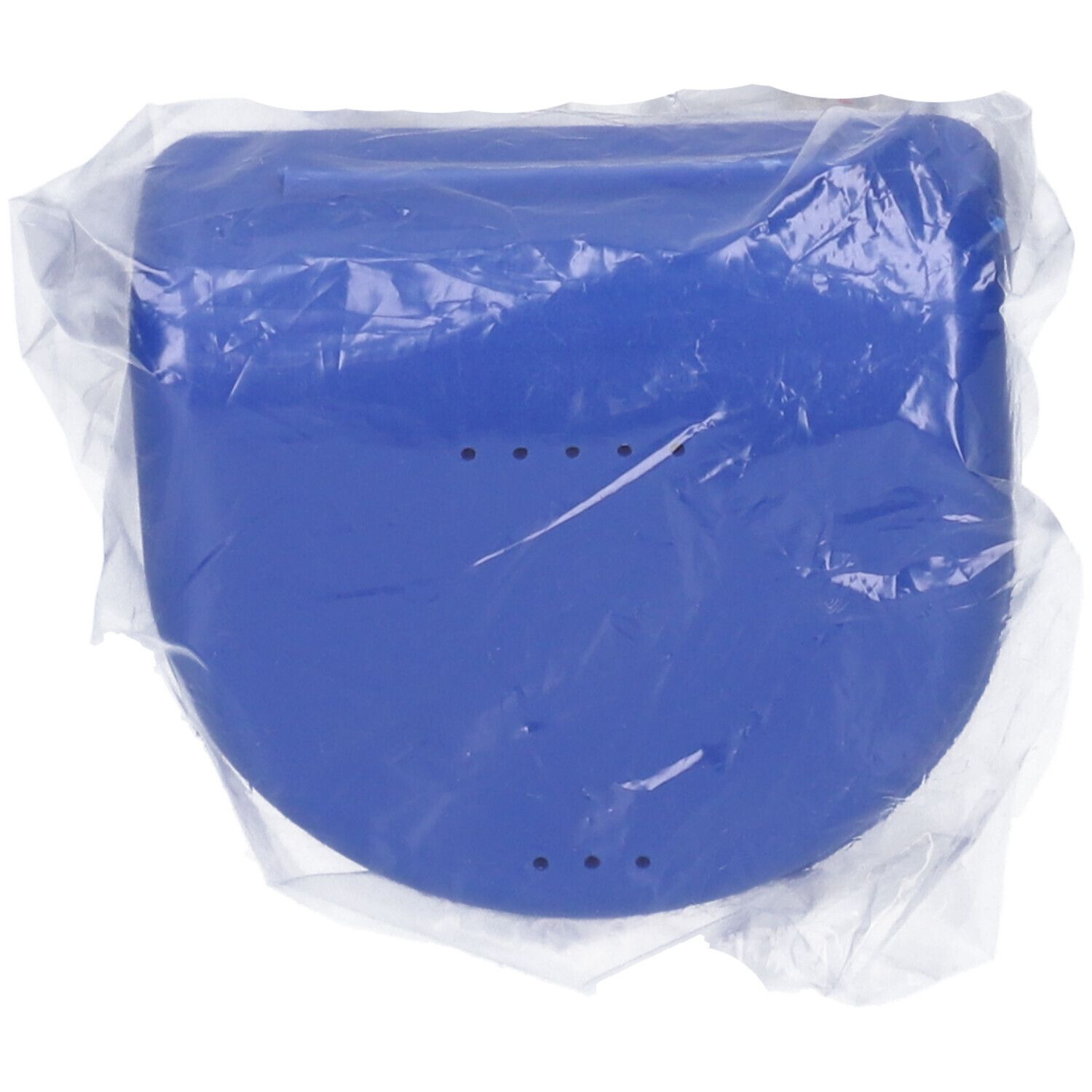 Contenitore blu per apparecchio ortodontico, in confezione di plastica. Con tre fori.