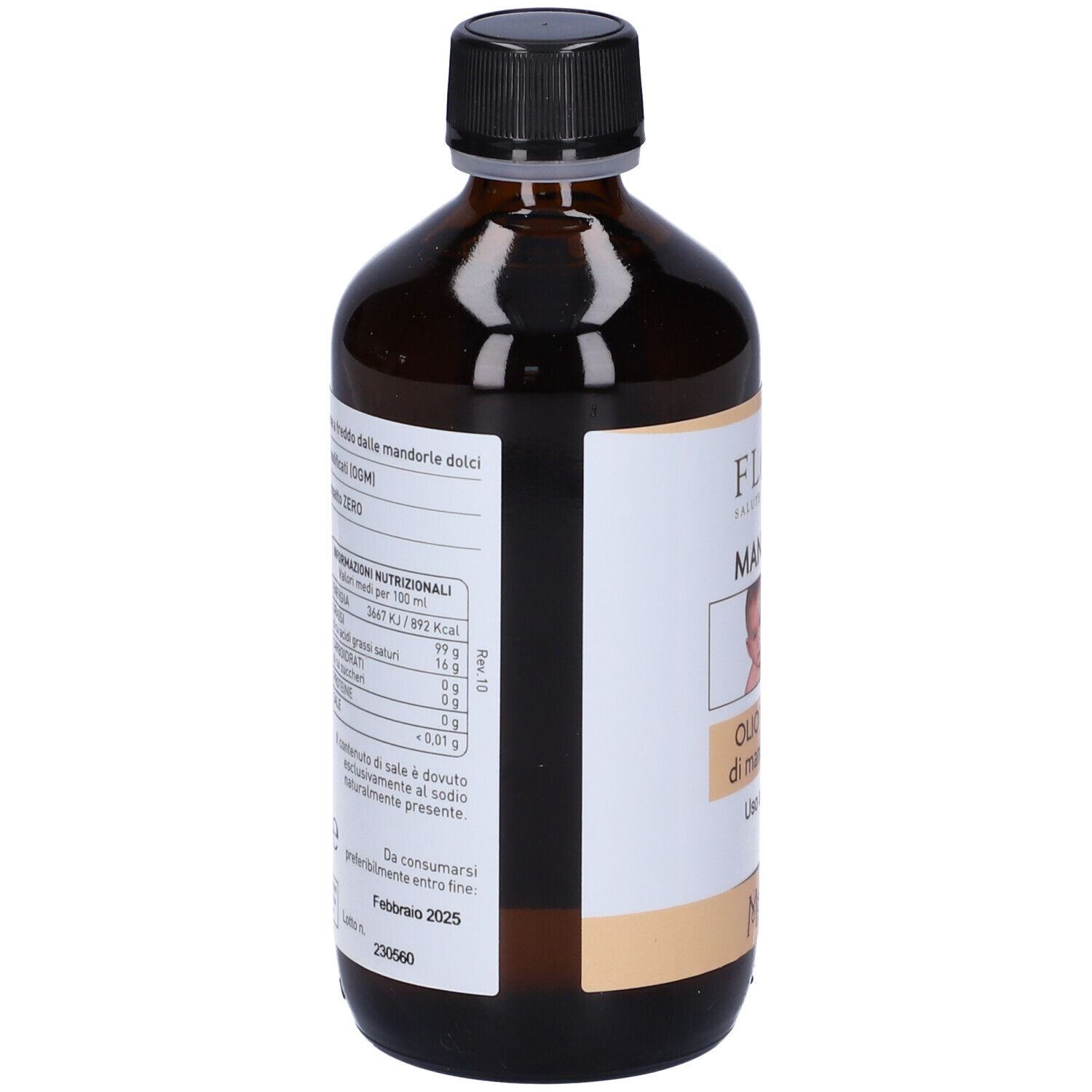 Bottiglia di vetro marrone con tappo nero. Vista laterale con etichetta. Testo con informazioni nutrizionali e data di scadenza.