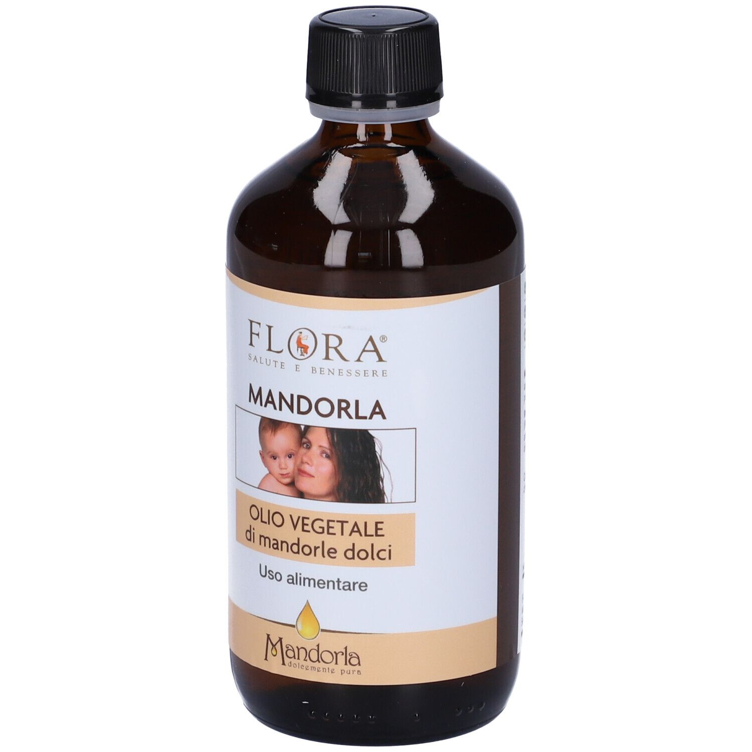 Bottiglia di vetro marrone con tappo nero. Etichetta con logo, immagine madre e bambino, testo: Olio vegetale di mandorle dolci.