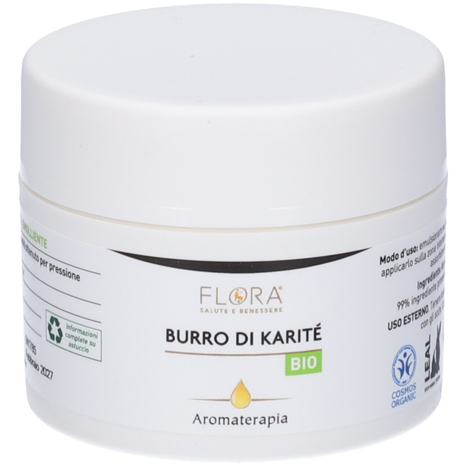 Vasetto bianco con coperchio. Scritta: Burro di Karité Bio, Aromaterapia. Loghi.
