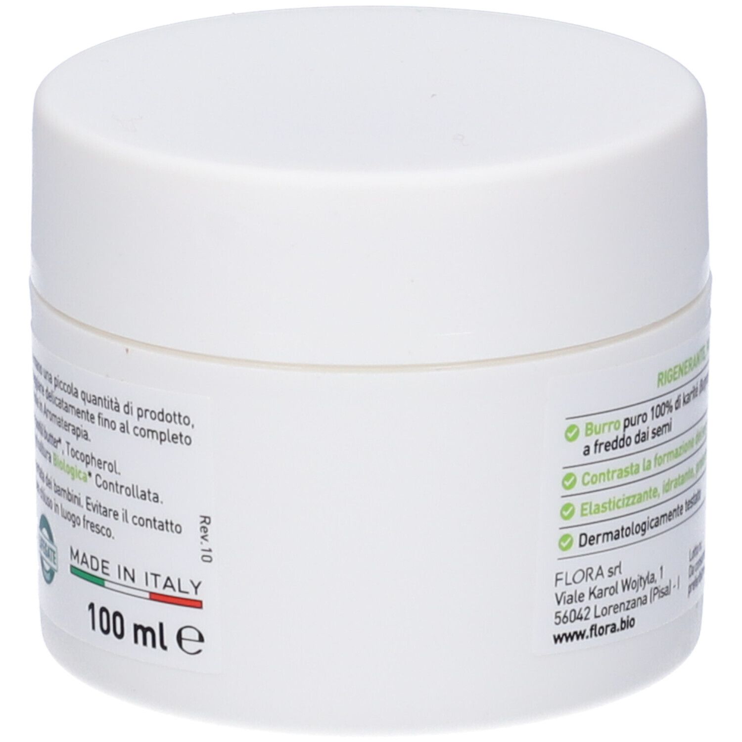 Vasetto bianco con coperchio. Scritta: Burro puro 100% di karité. Made in Italy. 100 ml.