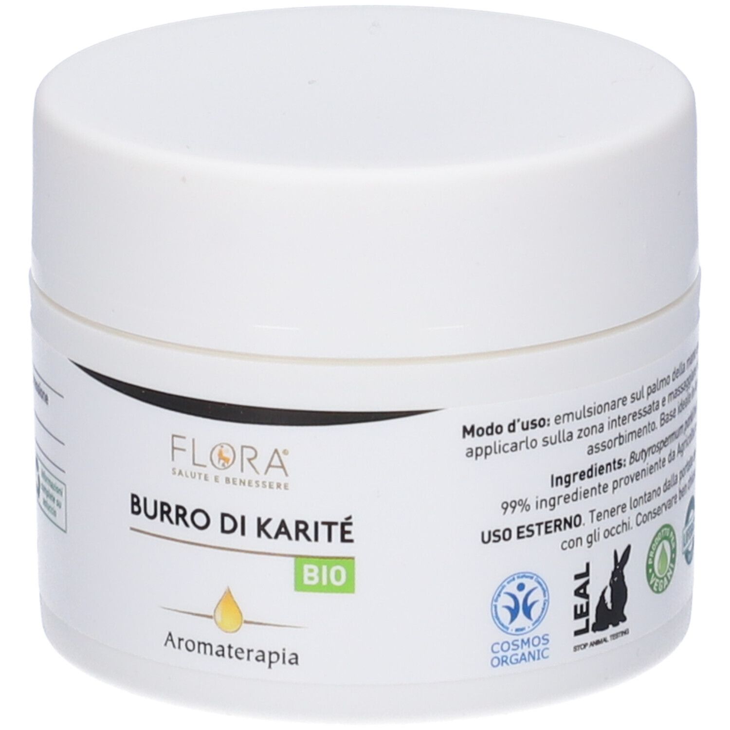 Vasetto bianco con coperchio. Scritta: Burro di Karité Bio, Aromaterapia. Loghi: Leal, Vegan, Cosmos Organic.