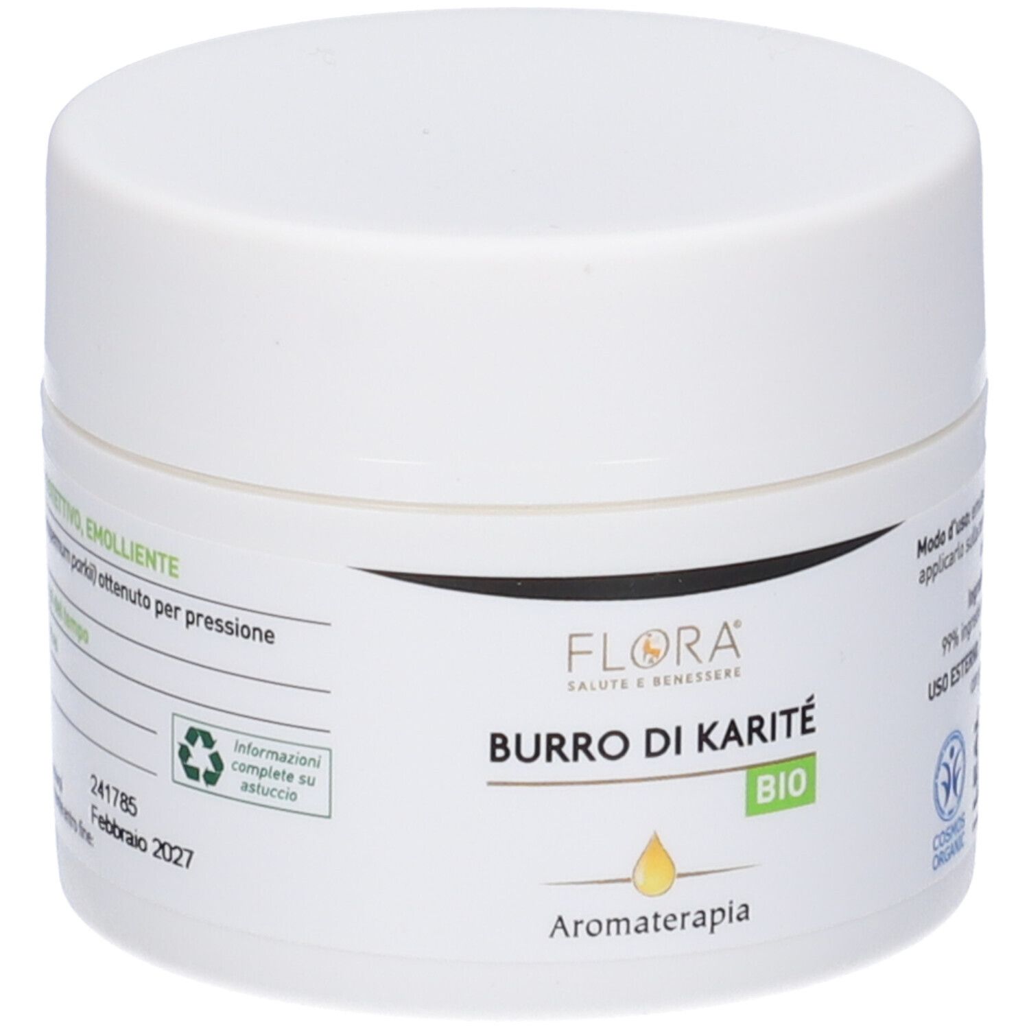 Vasetto bianco con coperchio. Scritta: Burro di Karité Bio, Aromaterapia. Logo riciclo. Scadenza.