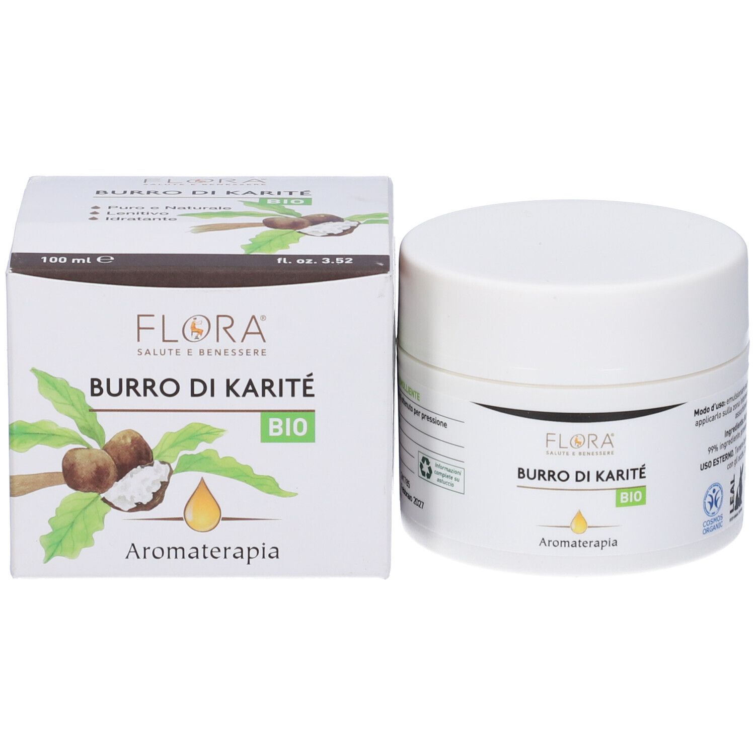 Vasetto bianco e scatola. Scritta: Burro di Karité Bio, Aromaterapia. Immagine di noci di karité.